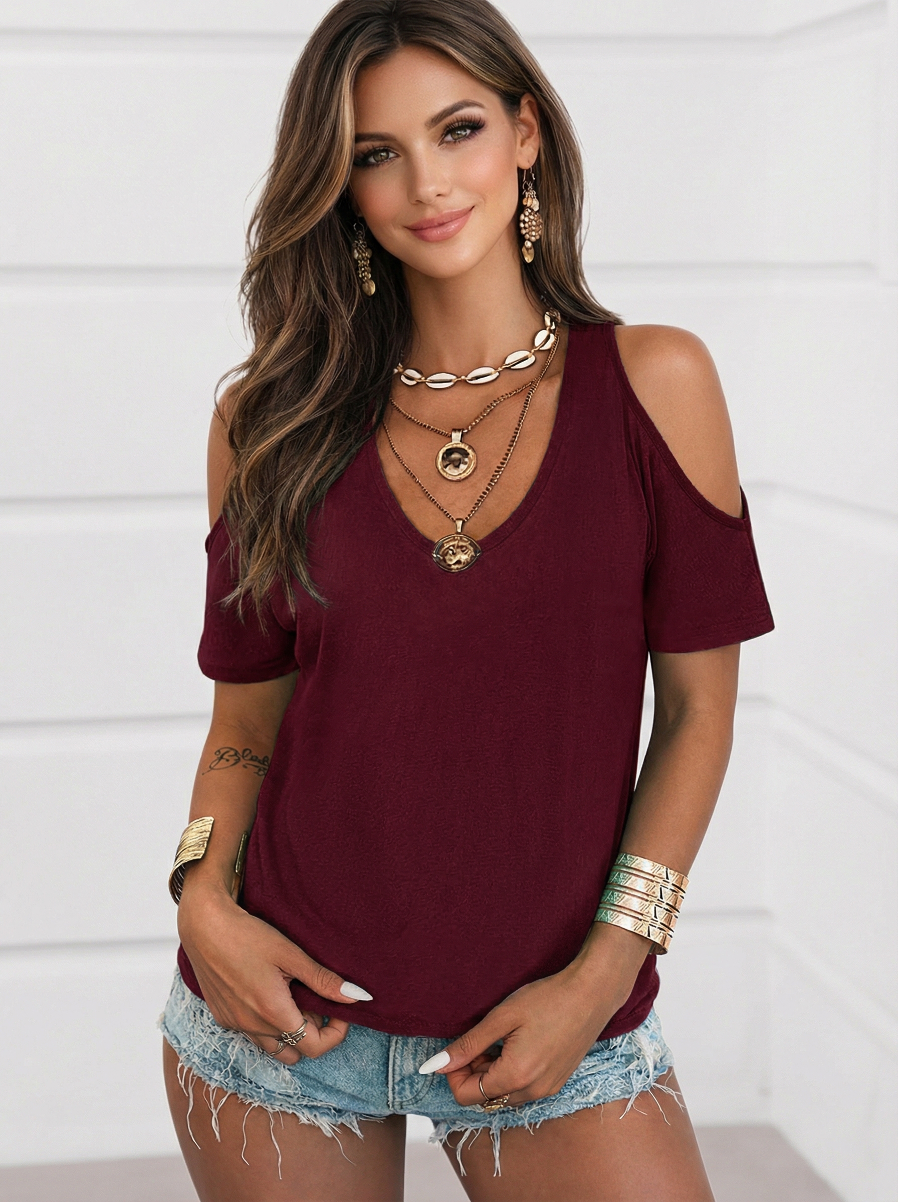 Imily Bela Women's Summer Cold Shoulder T-Shirt Casual Short Sleeve V Neck Blouse Top