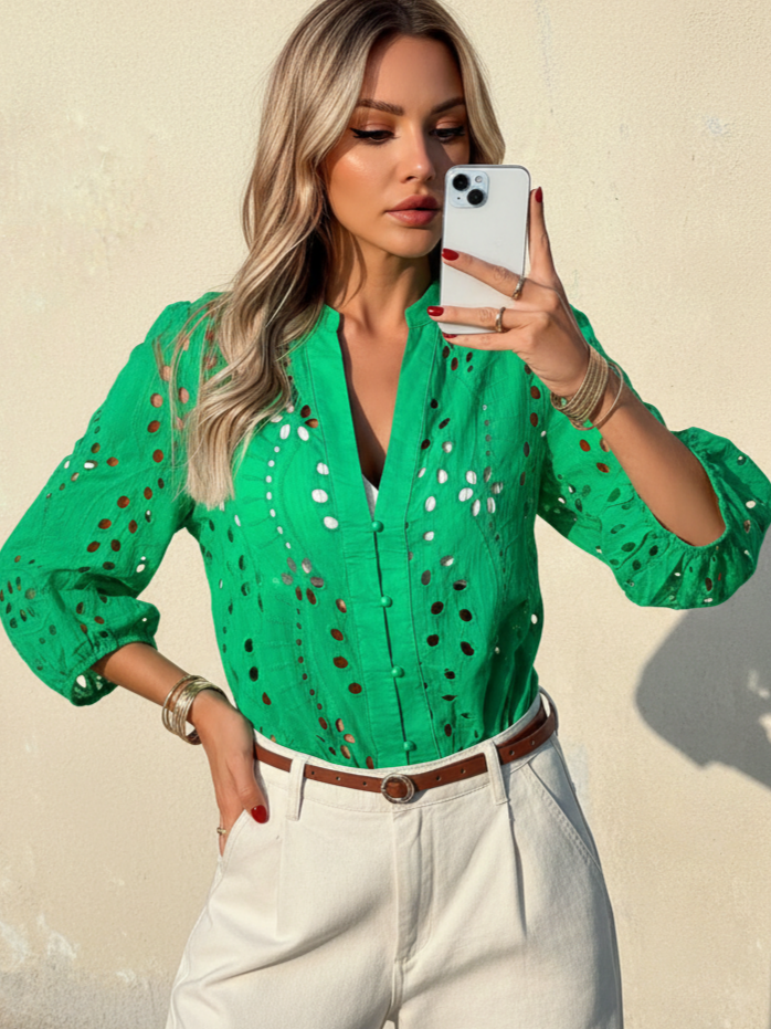 Imily Bela Womens Deep V Neck Eyelet Blouses 3/4 Balloon Sleeve Button Down Hollow Out Fall Shirts