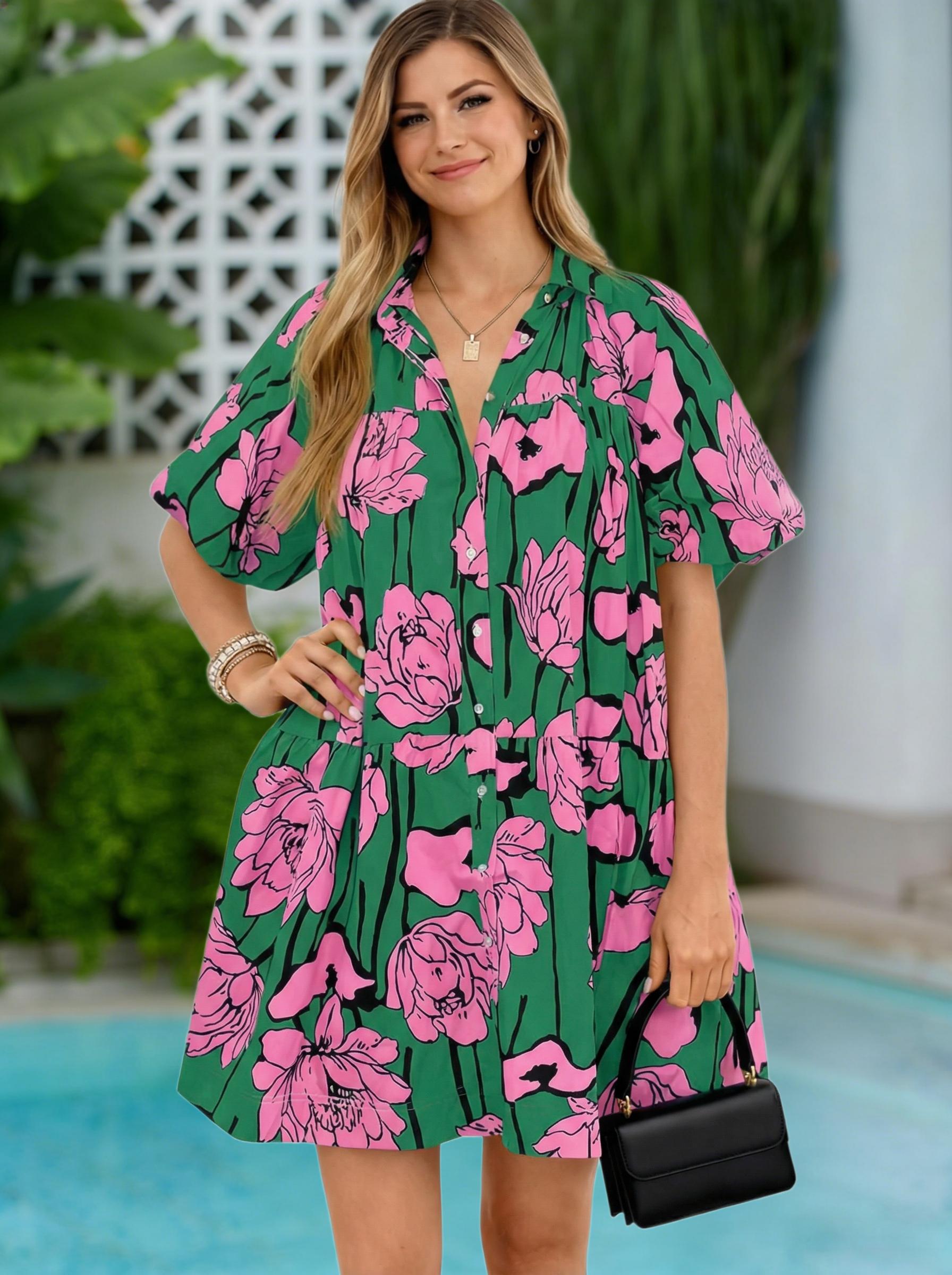 Imily Bela Women's Summer Button Down Shirt Dress Floral Puff Short Sleeve Casual Loose Fit Beach Mini Dresses