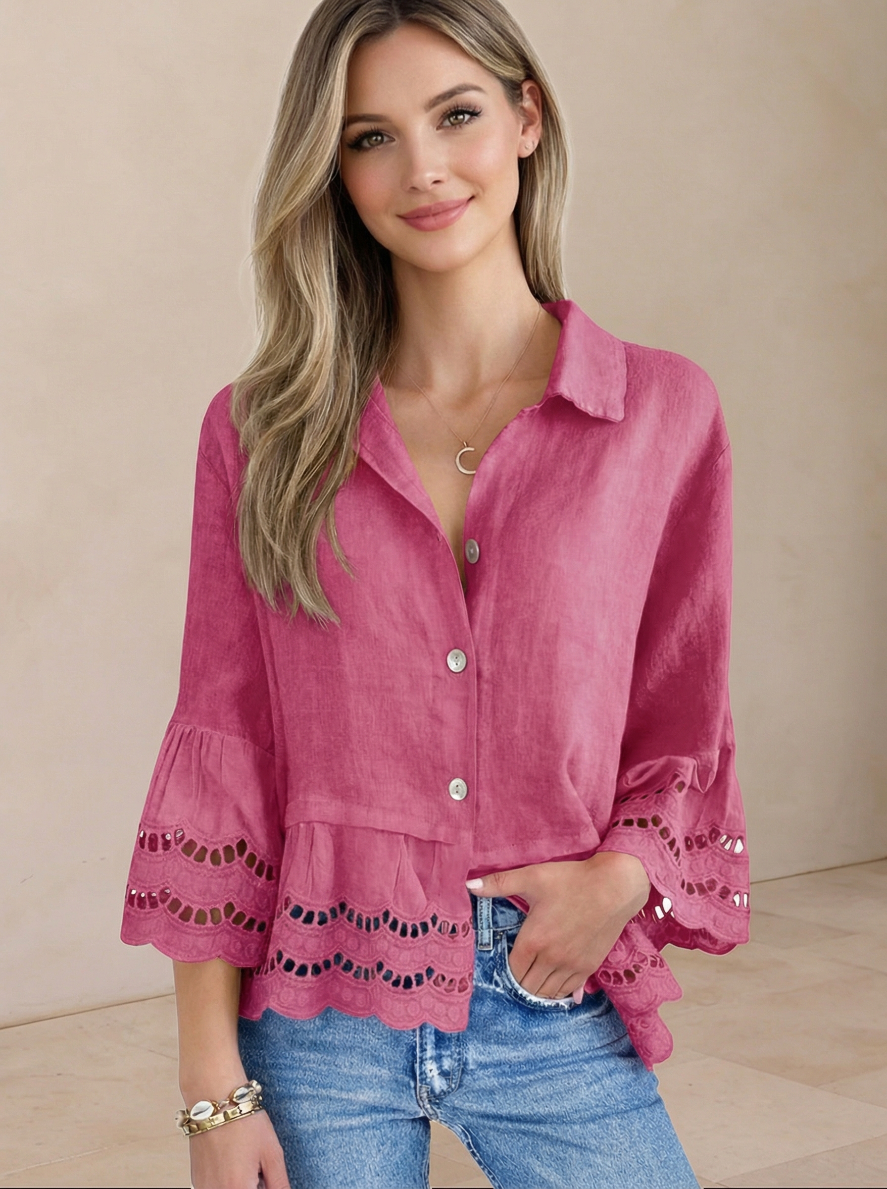 Imily Bela Womens 3/4 Bell Sleeve Button Down Shirts Casual Ruffle Hem Tops Eyelet Blouse