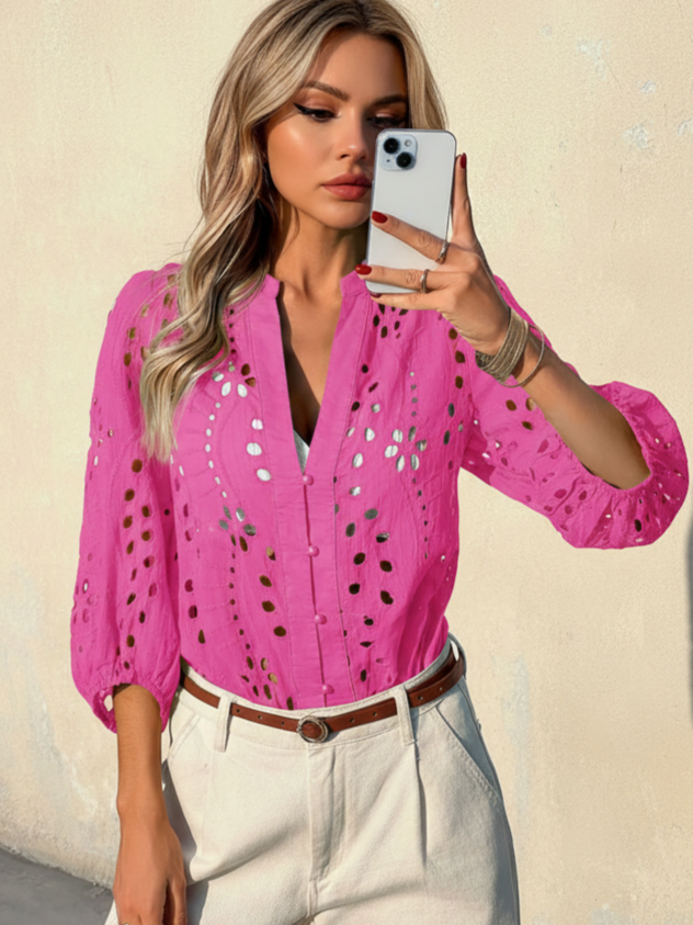 Imily Bela Womens Deep V Neck Eyelet Blouses 3/4 Balloon Sleeve Button Down Hollow Out Fall Shirts