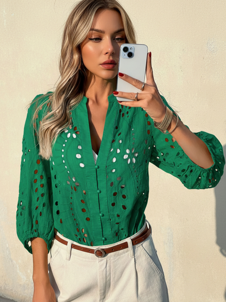 Imily Bela Womens Deep V Neck Eyelet Blouses 3/4 Balloon Sleeve Button Down Hollow Out Fall Shirts