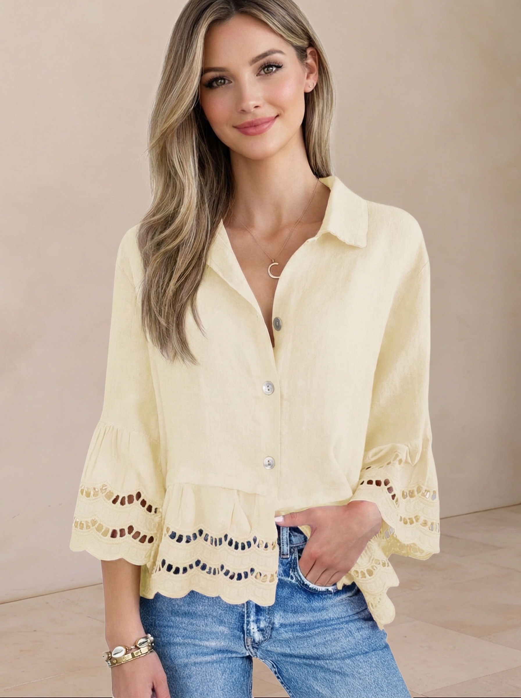 Imily Bela Womens 3/4 Bell Sleeve Button Down Shirts Casual Ruffle Hem Tops Eyelet Blouse