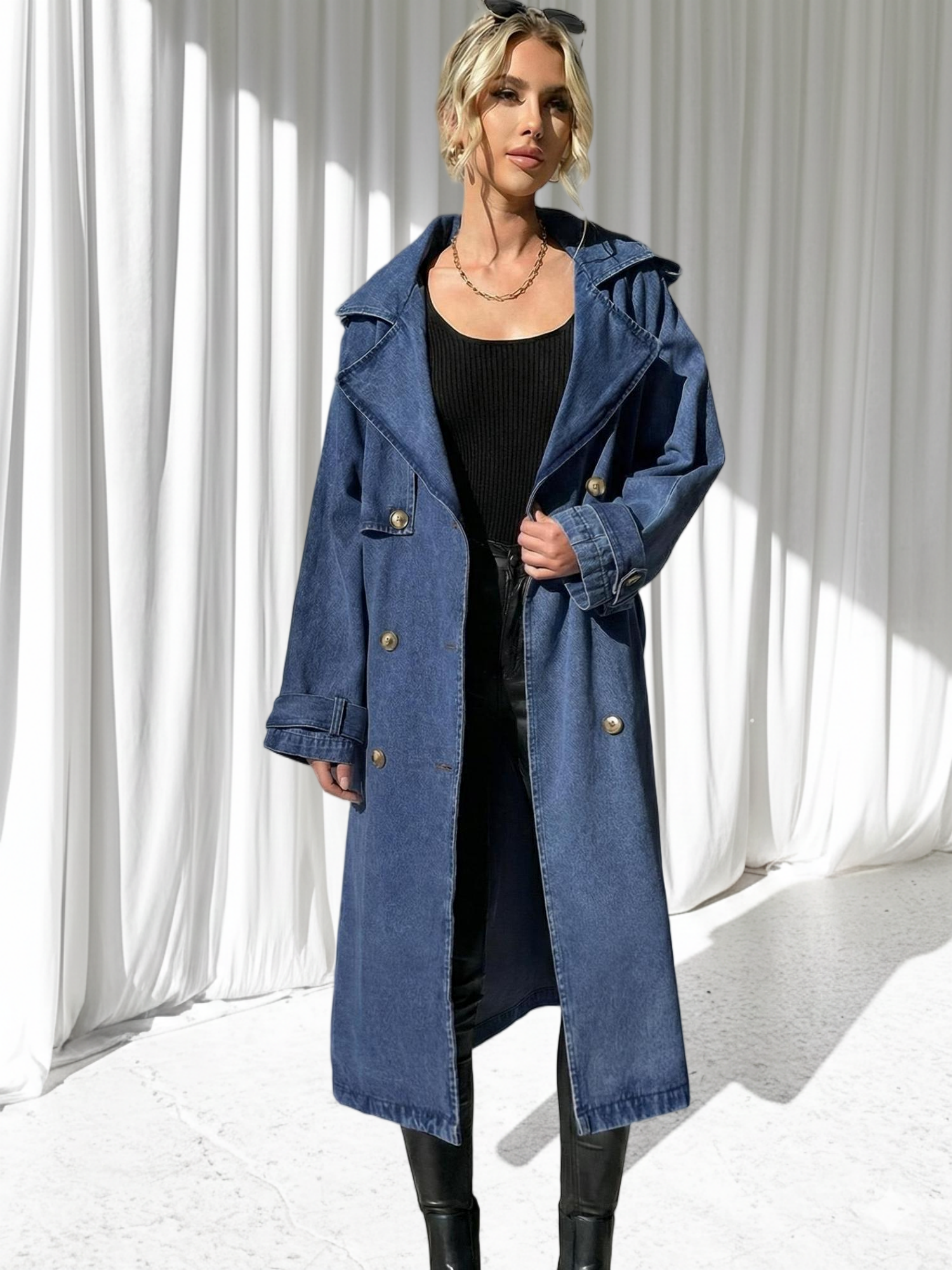 Imily Bela Women's Long Double Breasted Denim Jacket Oversized Button Down Maxi Jean Coat Classic Lapel Outercoat