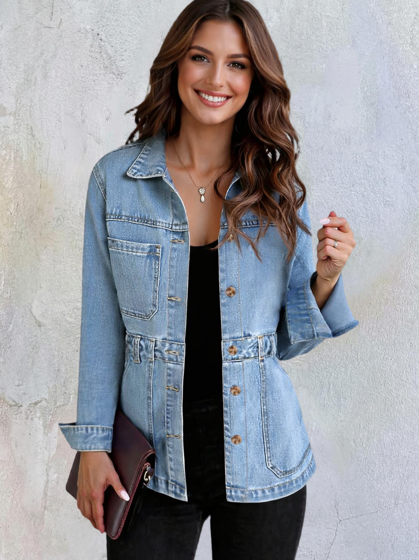 Imily Bela Denim Jacket for Women Distressed Jean Jacket Button Down Oversized Shacket with Pockets