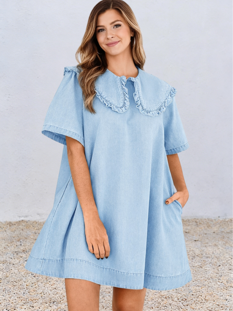 Imily Bela Womens Summer Denim Mini Dress Oversized Peter Pan Collar Short Sleeve Casual Flowy Babydoll Jean Dresses
