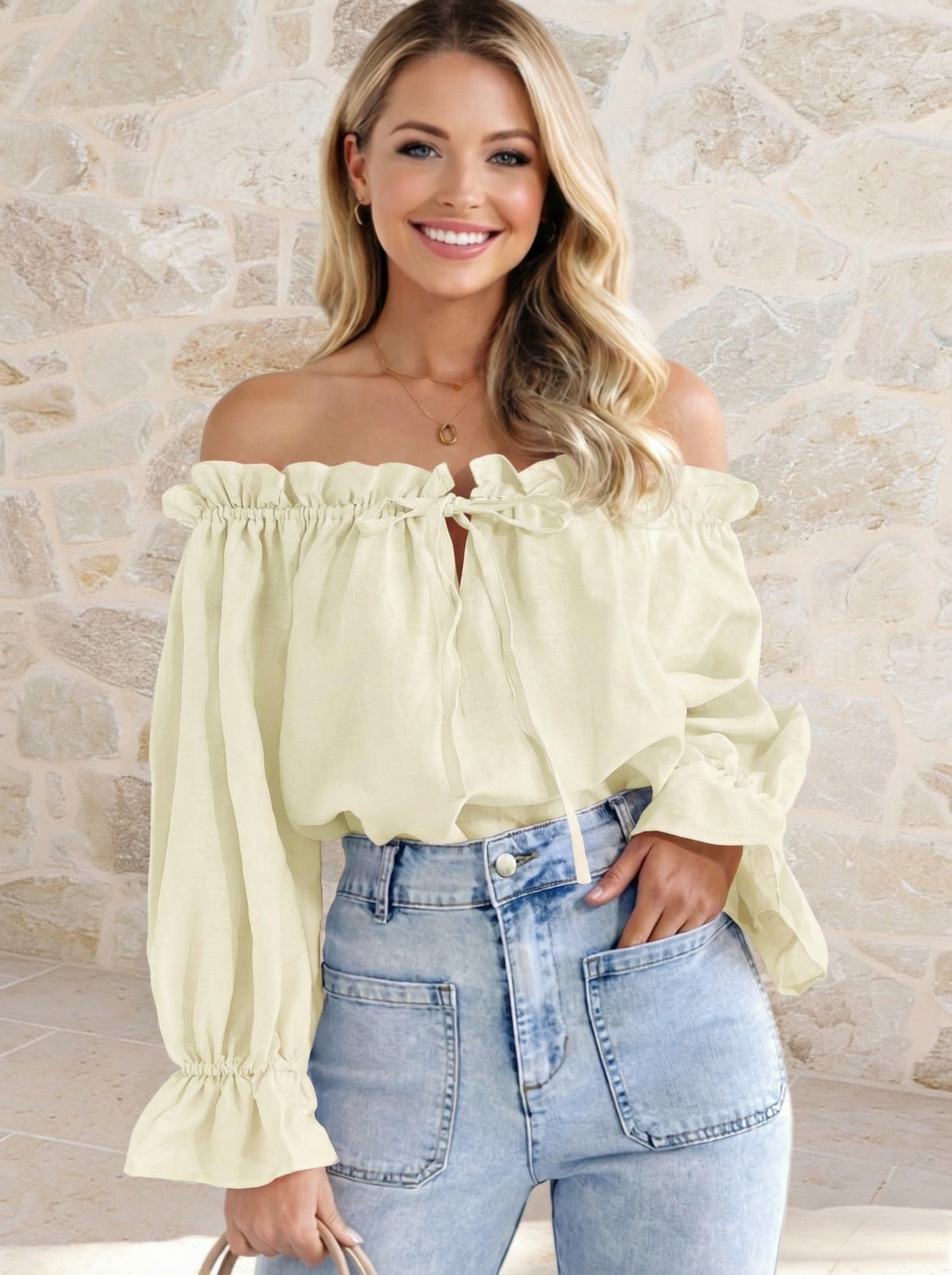 Imily Bela Womens Off The Shoulder Tops Puff Long Sleeve Tie Front Loose Fit Ruffle Shirts Blouses