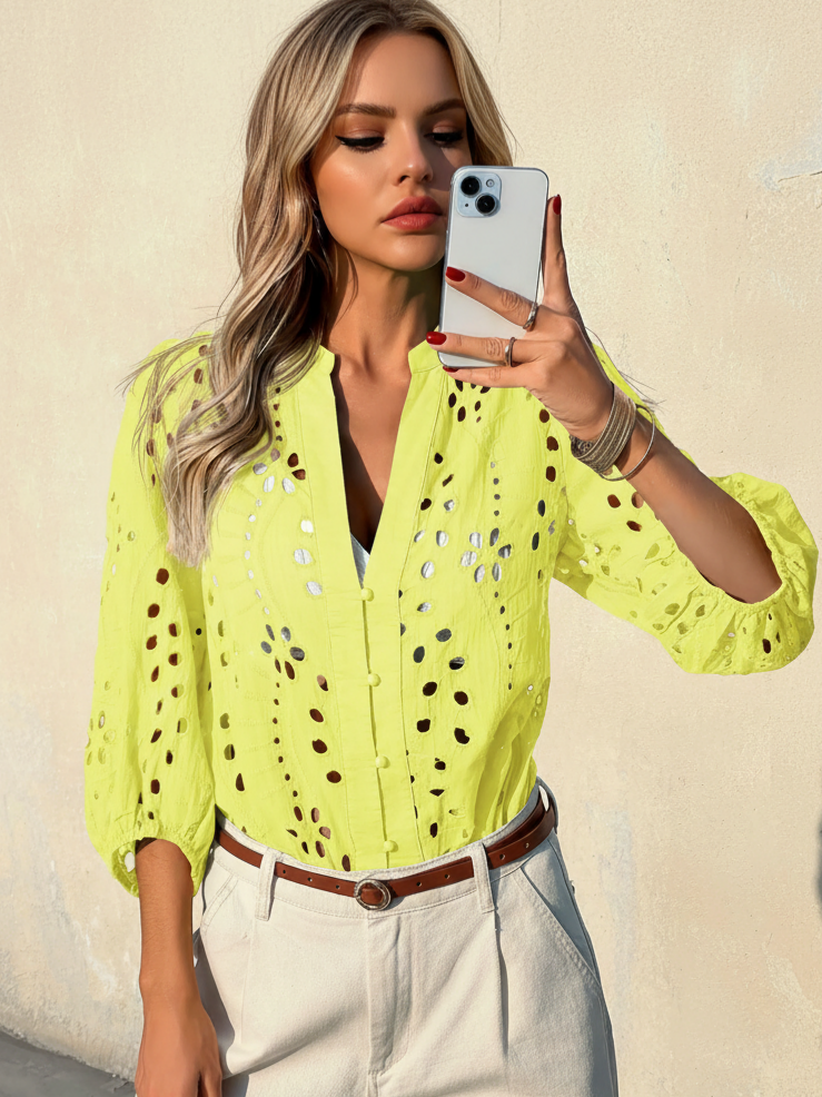 Imily Bela Womens Deep V Neck Eyelet Blouses 3/4 Balloon Sleeve Button Down Hollow Out Fall Shirts