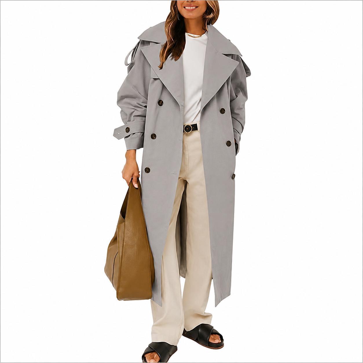 Light Grey Imily Bela Womens Oversized Long Trench Coat Double Breasted Lapel Windproof Overcoat with Belt