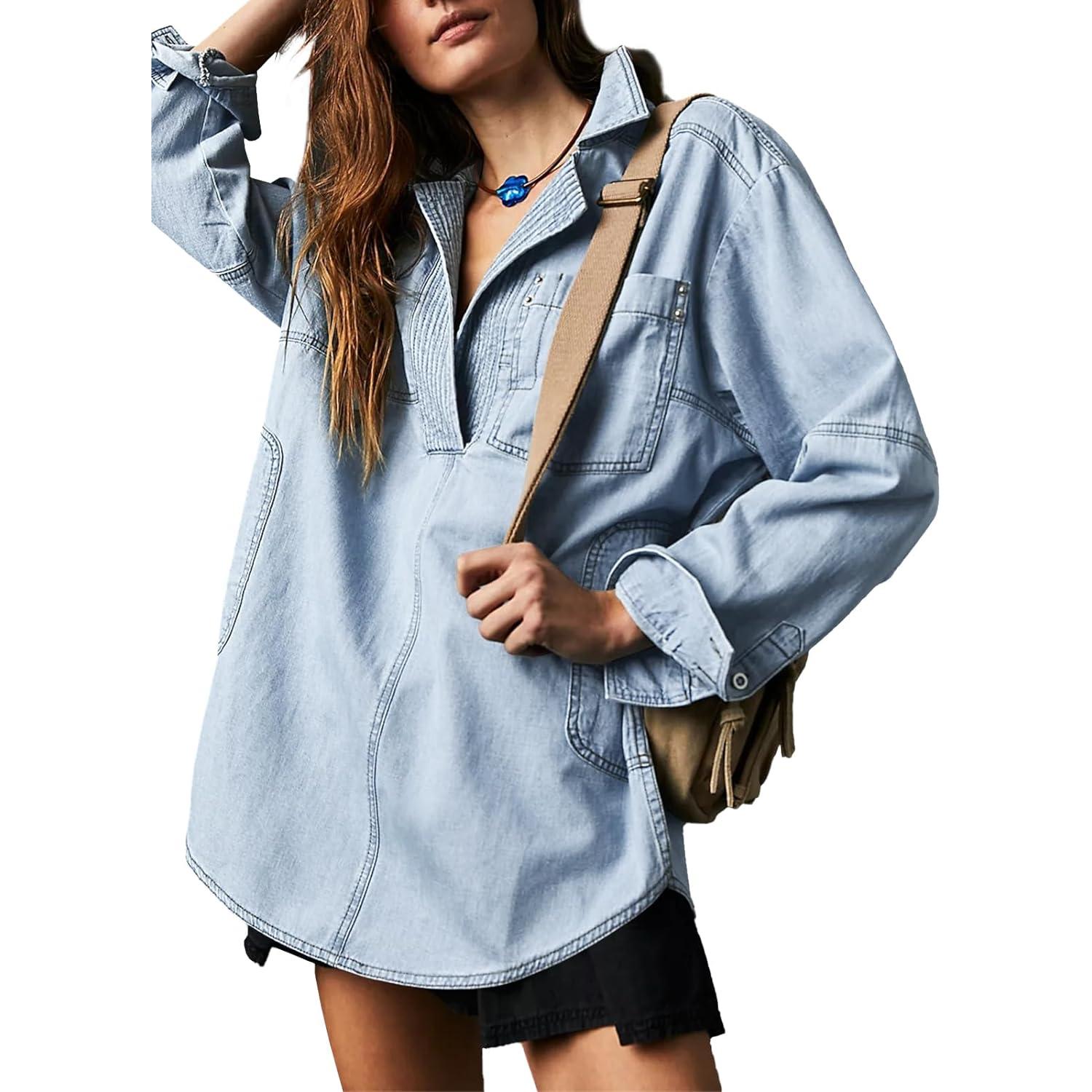 Light Blue Imily Bela S~2XL Womenswear FallFreshness Denim Pullover Casual Comfort Button V Neck Blouse Loose Fit Tops Longsleeves Jean Jacket With Pocket