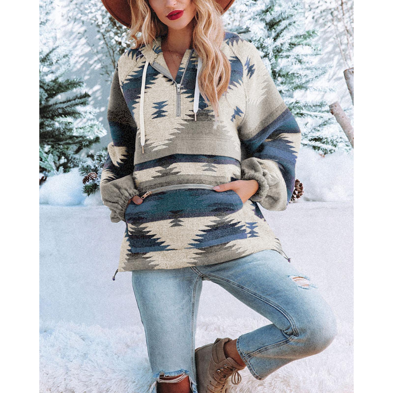 Grey Imily Bela Women’s Oversized Hoodie Zip Up Long Sleeve Aztec Loose Fit Sweatshirts Pullover Tops