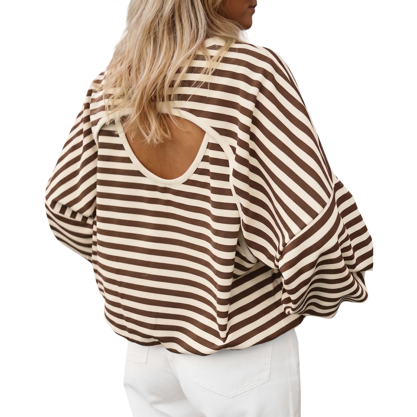 Caramel Imily Bela Women’s Striped Oversized Pullover Sweatshirt, Open Back Design, 2026 Cutout Back Pullover Top, Fashion Casual Long Sleeve Shirt