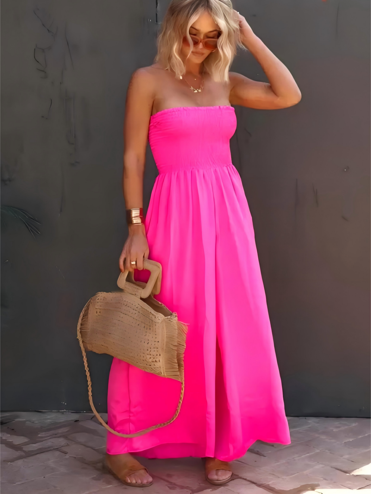 Imily Bela Womens Sleeveless Strapless Wide Leg Jumpsuits Summer Casual Loose Smocked Chiffon Jumpsuit Rompers with Pockets