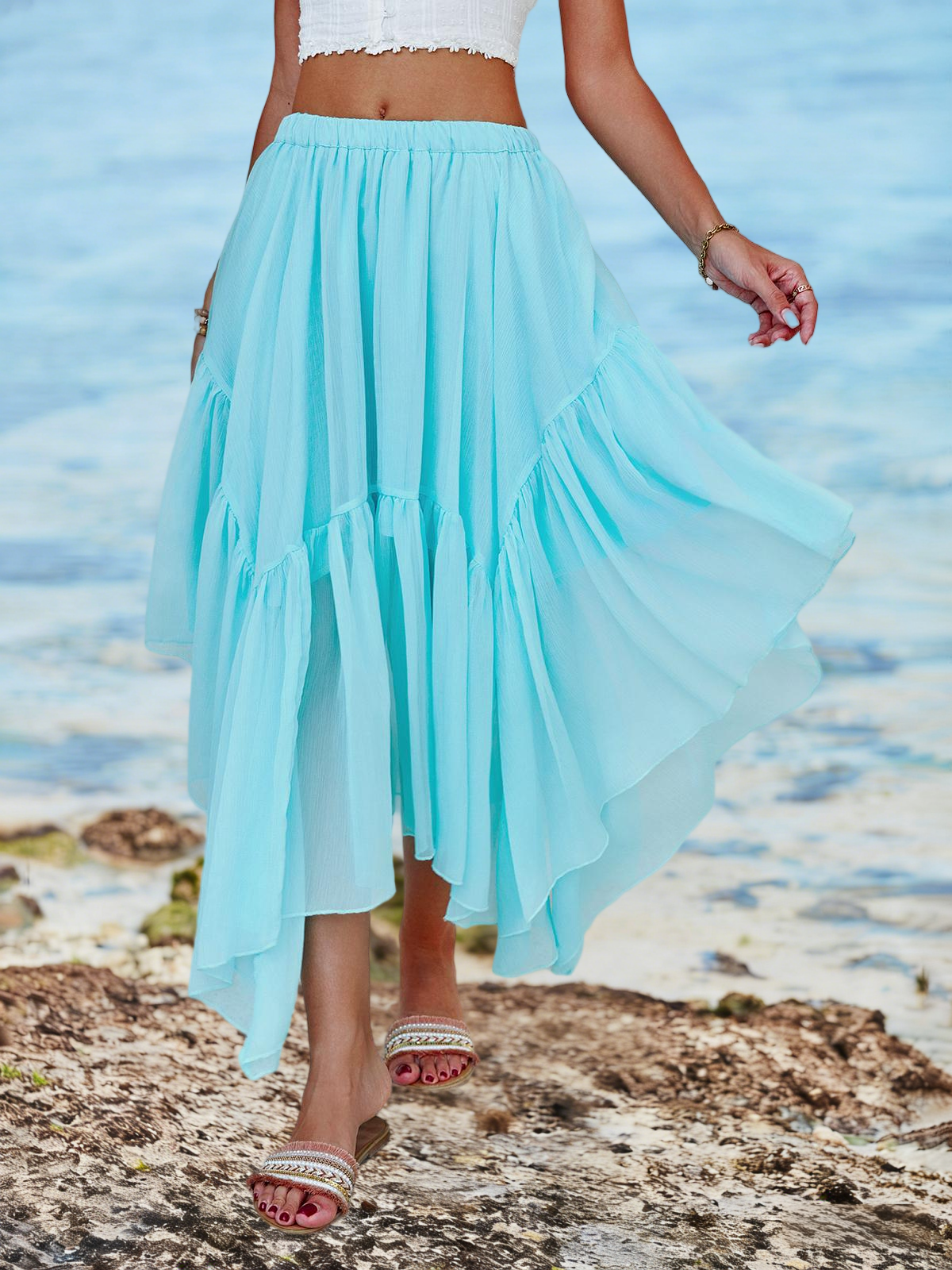 Imily Bela Womens Summer Boho Maxi Skirt Casual Asymmetric High-Low Hem Flowy Bohemia Long Skirt