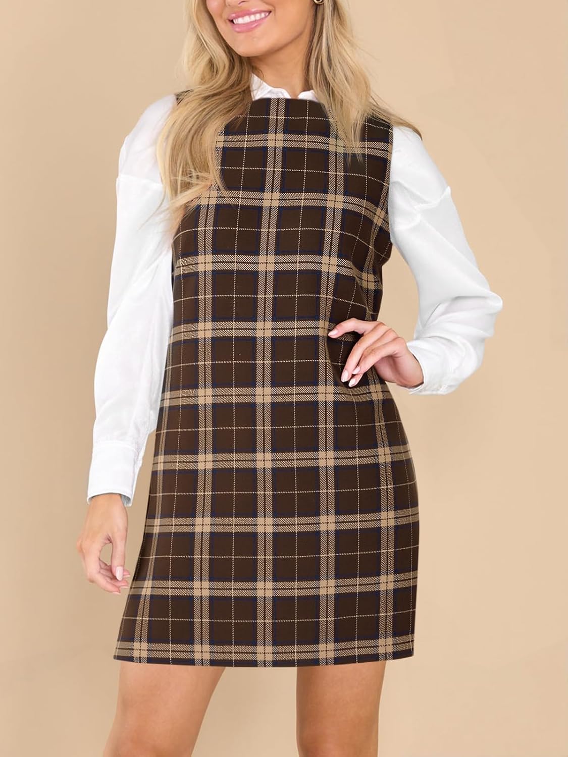 Imily Bela Women's Plaid Christmas Dress Mini Sleeveless Round Neck A Line Short Xmas Party Dresses