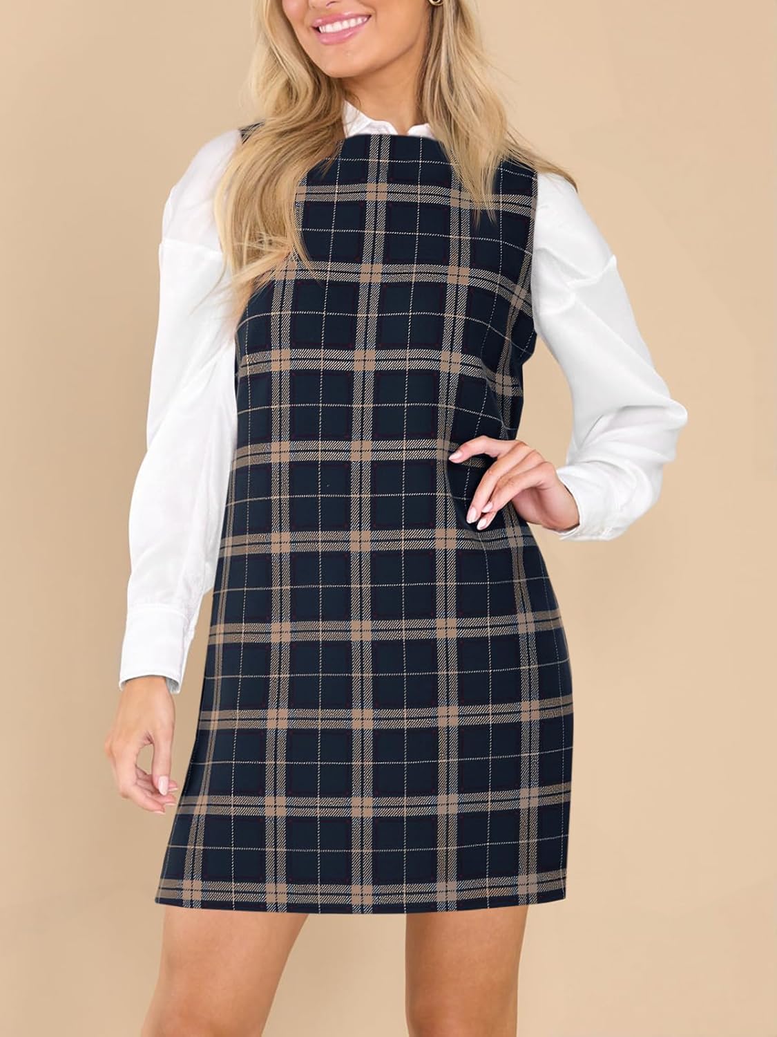 Imily Bela Women's Plaid Christmas Dress Mini Sleeveless Round Neck A Line Short Xmas Party Dresses