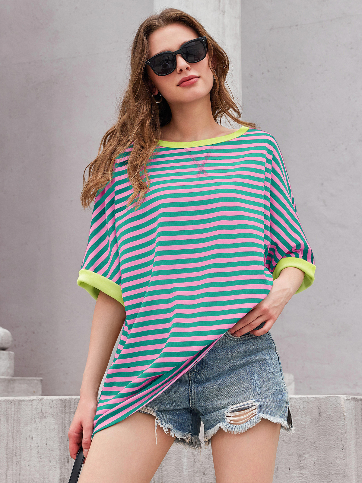 Imily Bela Womens Oversized Striped Tee Shirt Summer Casual Color Block Half Sleeve Crew Neck Tunic Tops