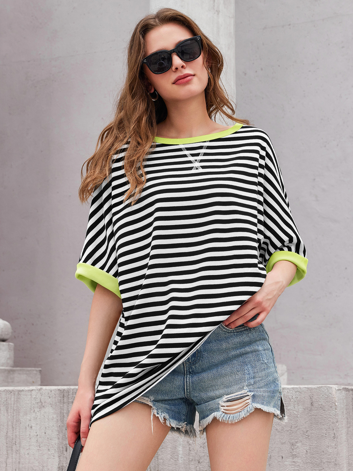 Imily Bela Womens Oversized Striped Tee Shirt Summer Casual Color Block Half Sleeve Crew Neck Tunic Tops
