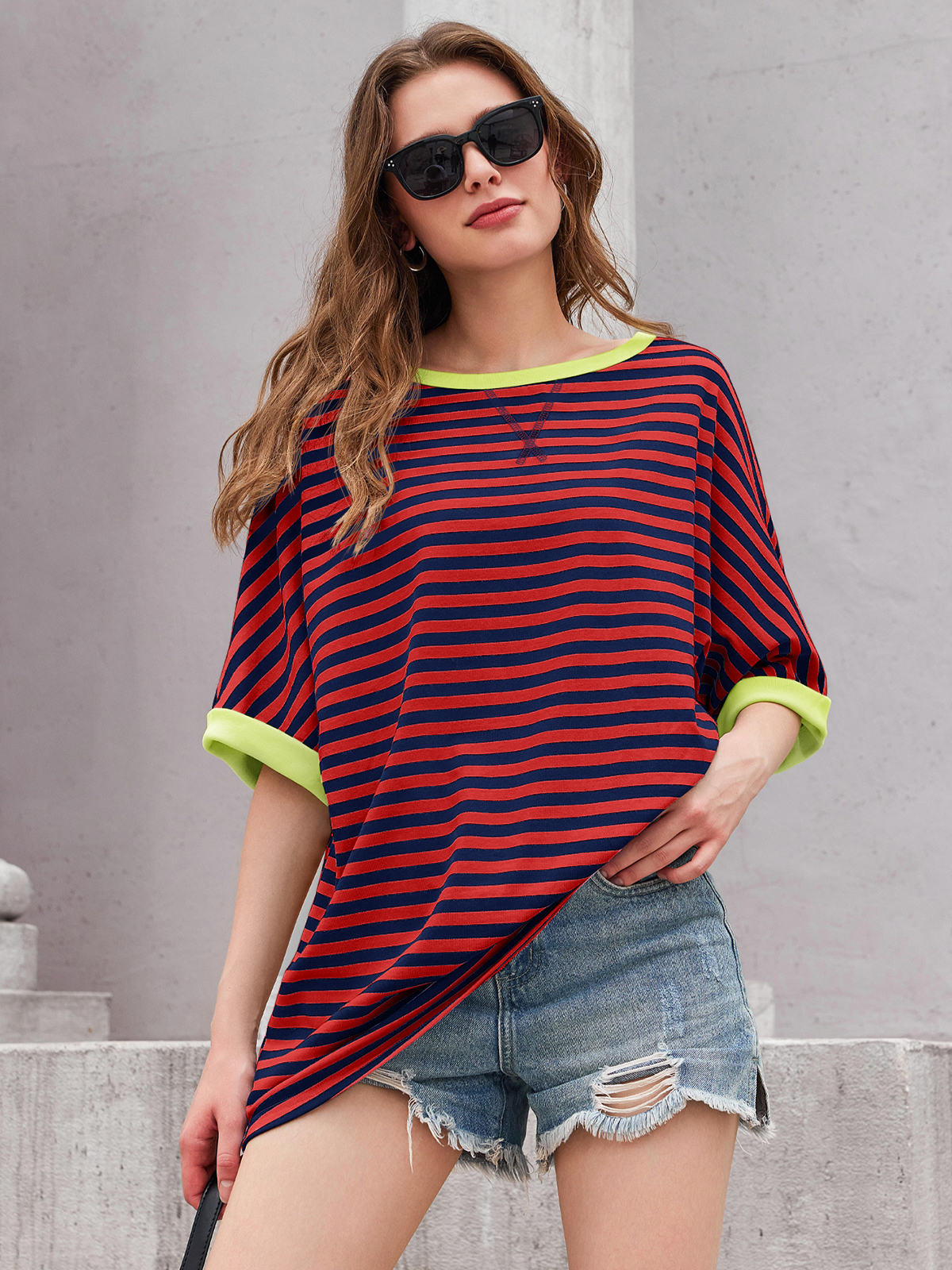 Imily Bela Womens Oversized Striped Tee Shirt Summer Casual Color Block Half Sleeve Crew Neck Tunic Tops