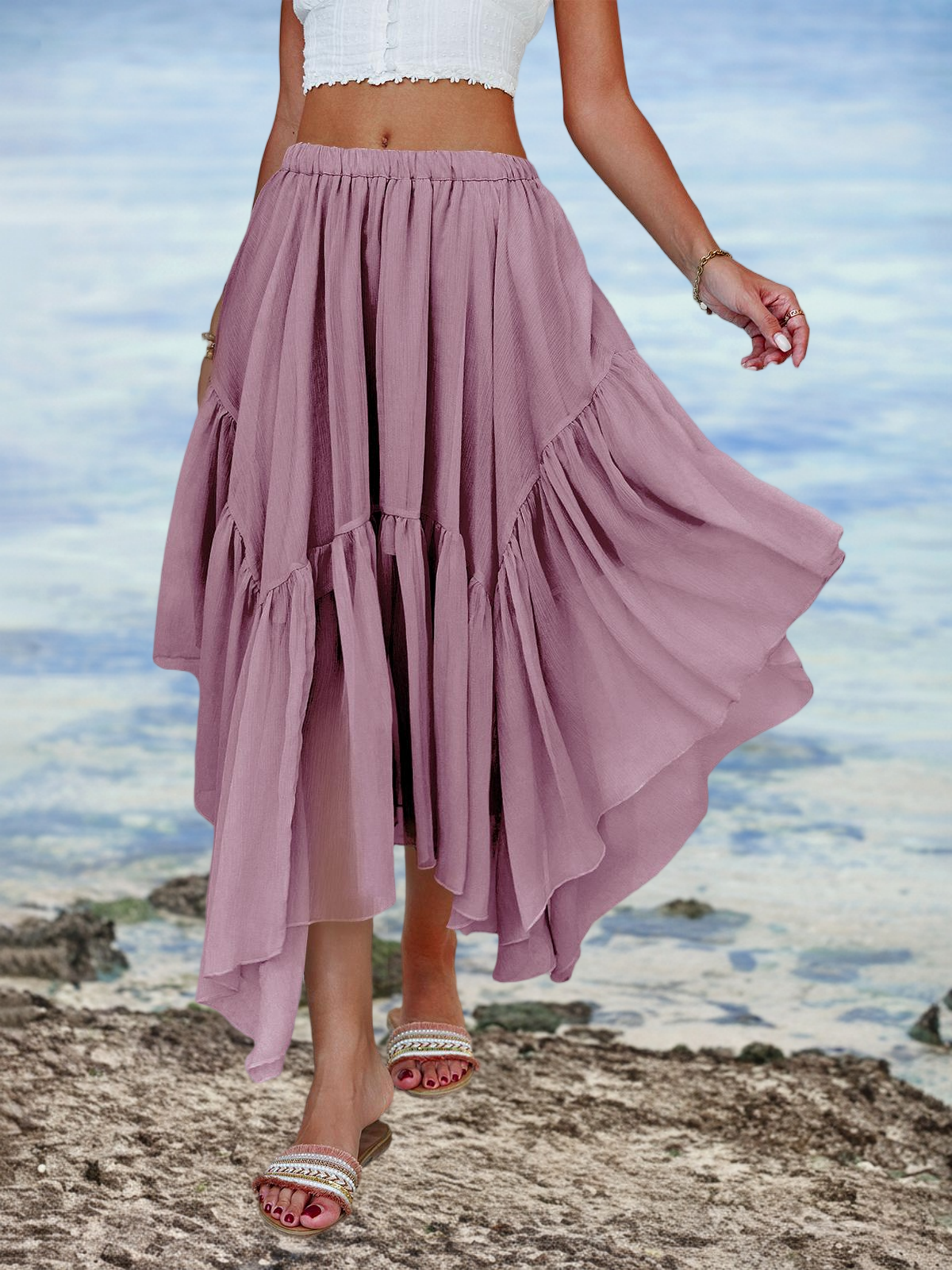 Imily Bela Womens Summer Boho Maxi Skirt Casual Asymmetric High-Low Hem Flowy Bohemia Long Skirt