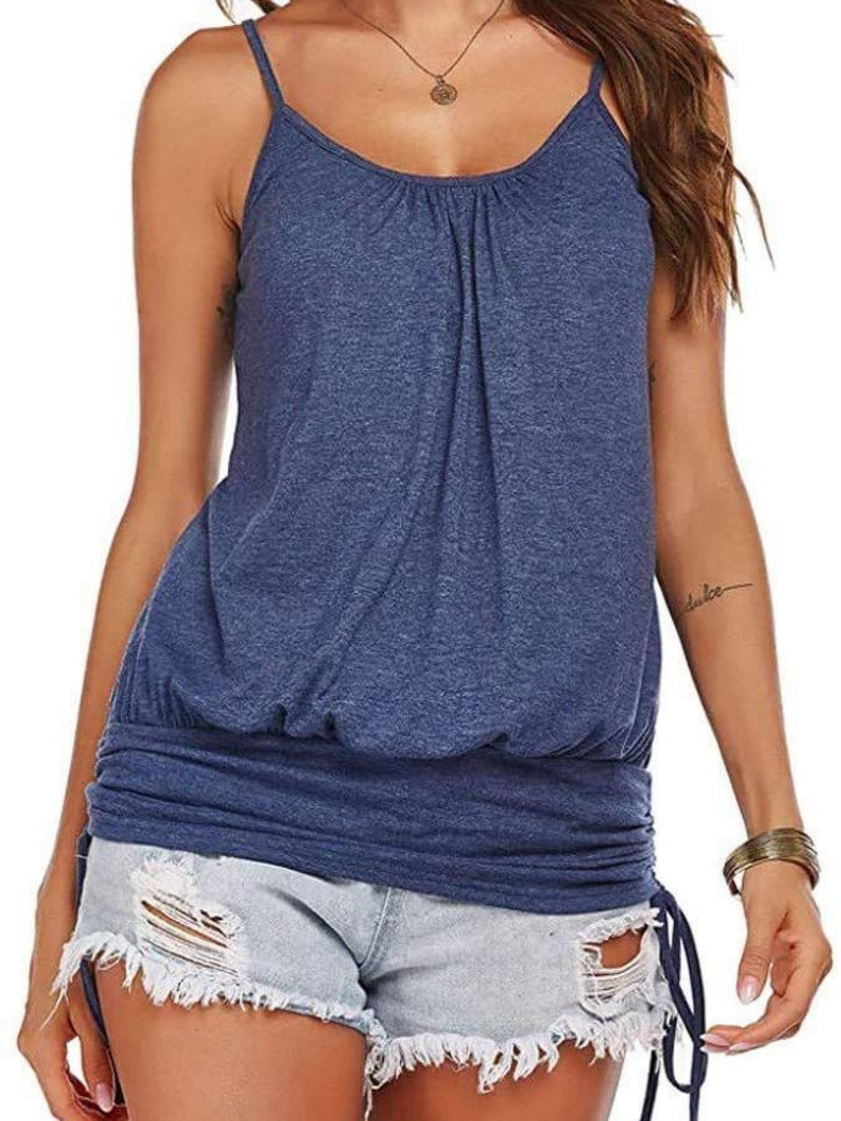 Imily Bela Women Summer Tank Tops Casual Spaghetti Strap Banded Bottom Loose Camisole Side Shirring Lace Up Shirts