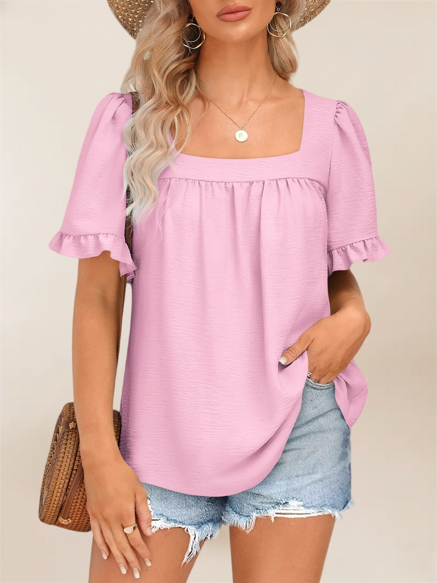 Imily Bela Womens Summer Peplum Tops Sqaure Neck Ruffle Sleeve Blouses Fit Flowy Shirts S-2Xl