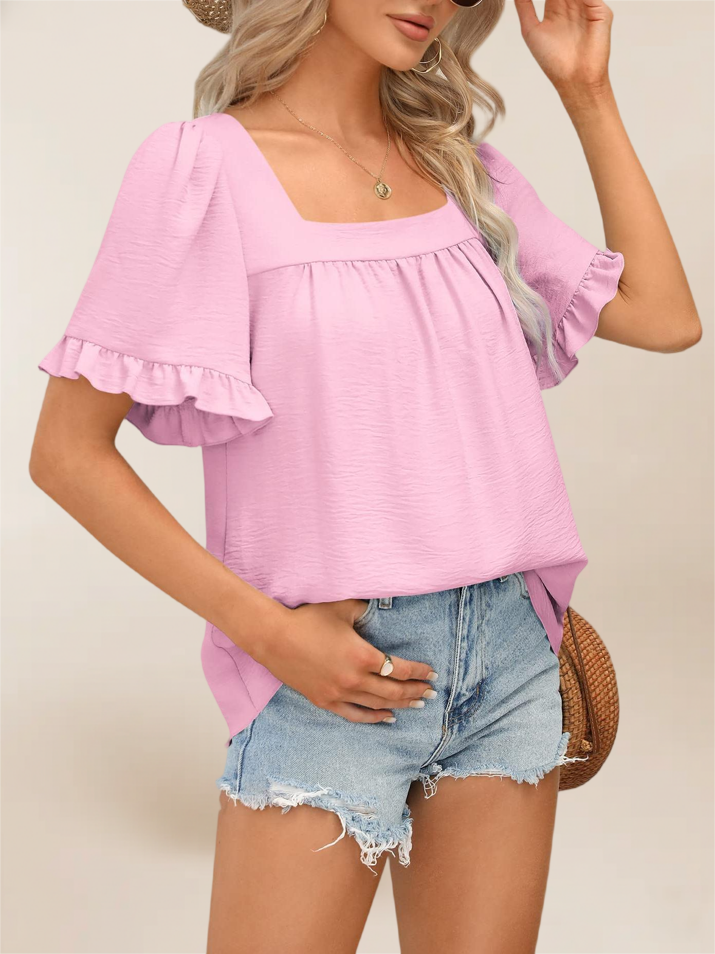 Imily Bela Womens Summer Peplum Tops Sqaure Neck Ruffle Sleeve Blouses Fit Flowy Shirts S-2Xl
