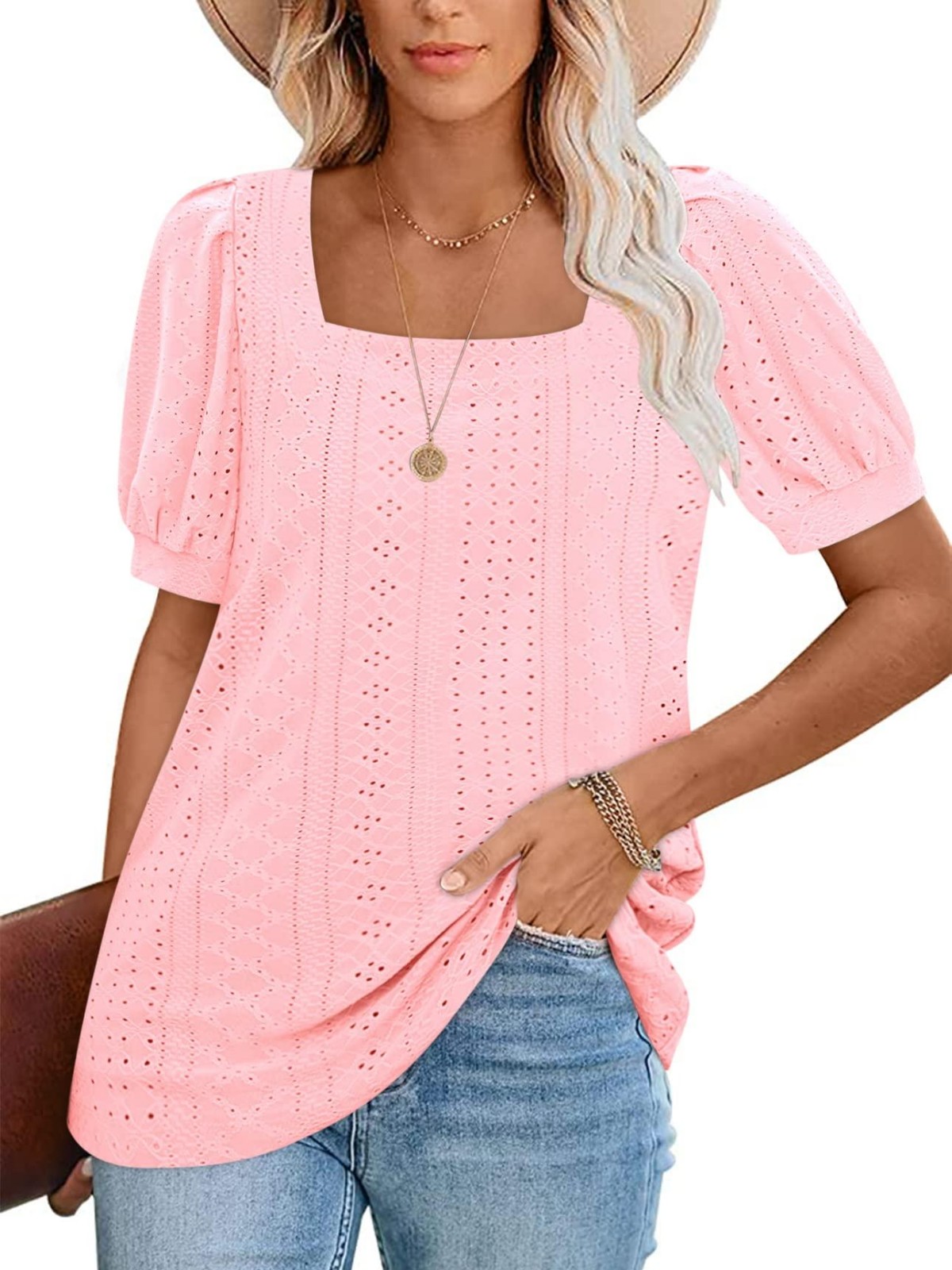 Imily Bela Womens Summer Tops Square Neck Short Sleeve Tunic Tops Fit Style Eyelet T-Shirts