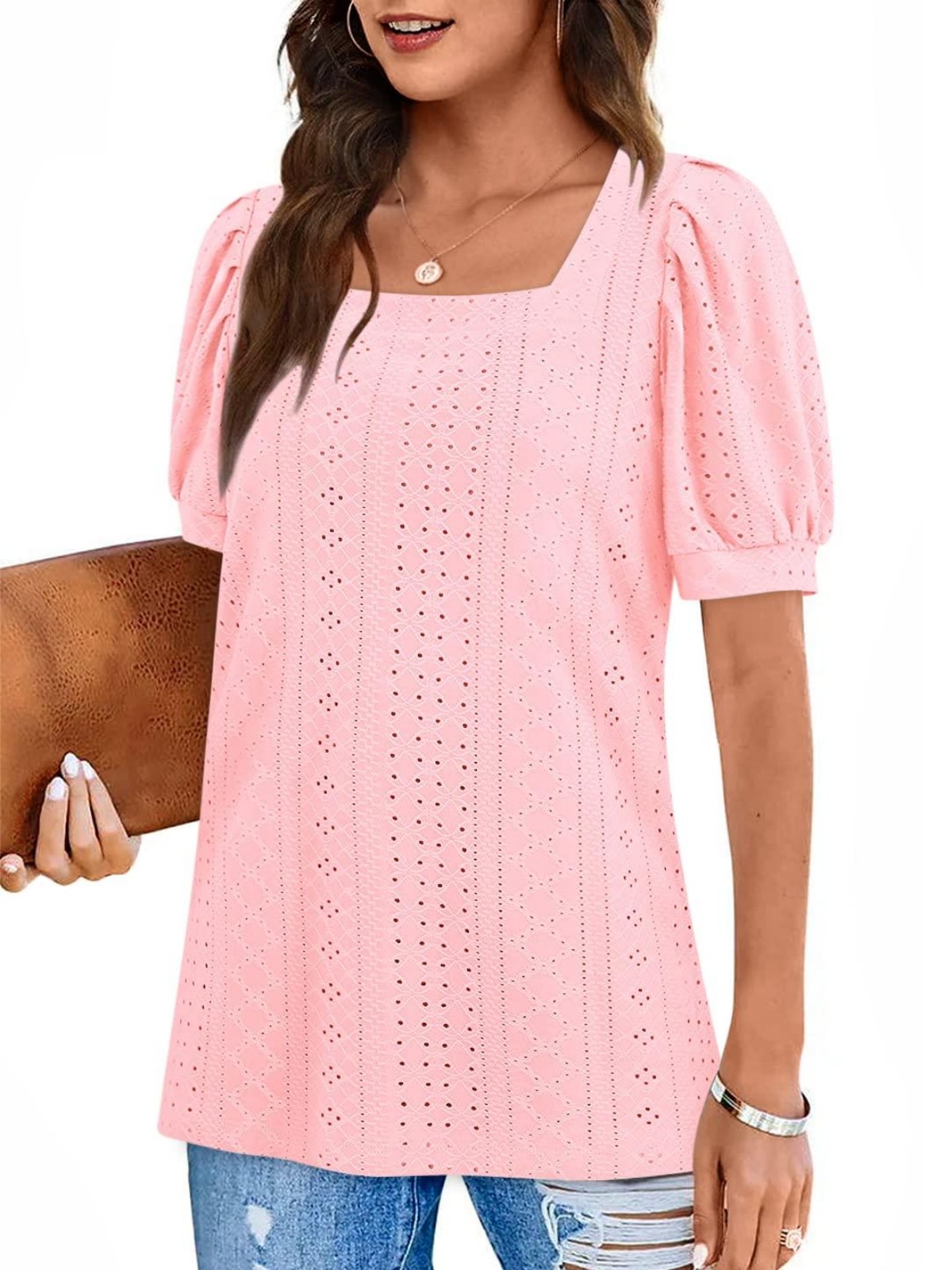 Imily Bela Womens Summer Tops Square Neck Short Sleeve Tunic Tops Fit Style Eyelet T-Shirts