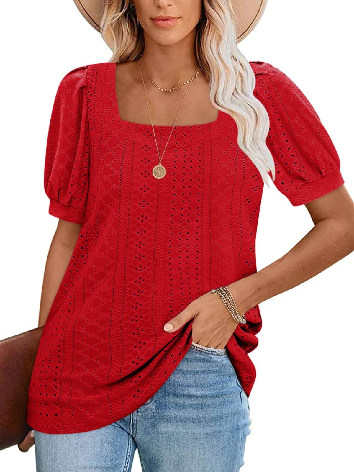 Imily Bela Womens Summer Tops Square Neck Short Sleeve Tunic Tops Fit Style Eyelet T-Shirts