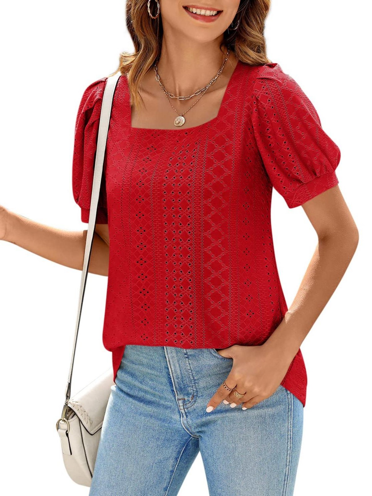 Imily Bela Womens Summer Tops Square Neck Short Sleeve Tunic Tops Fit Style Eyelet T-Shirts