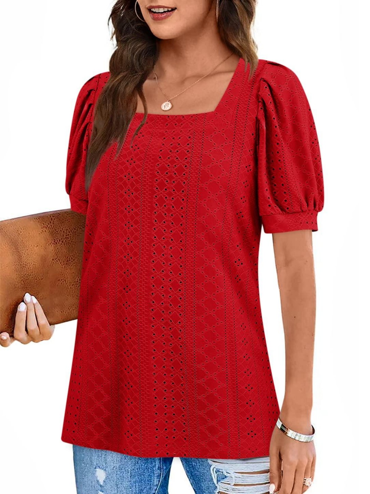 Imily Bela Womens Summer Tops Square Neck Short Sleeve Tunic Tops Fit Style Eyelet T-Shirts