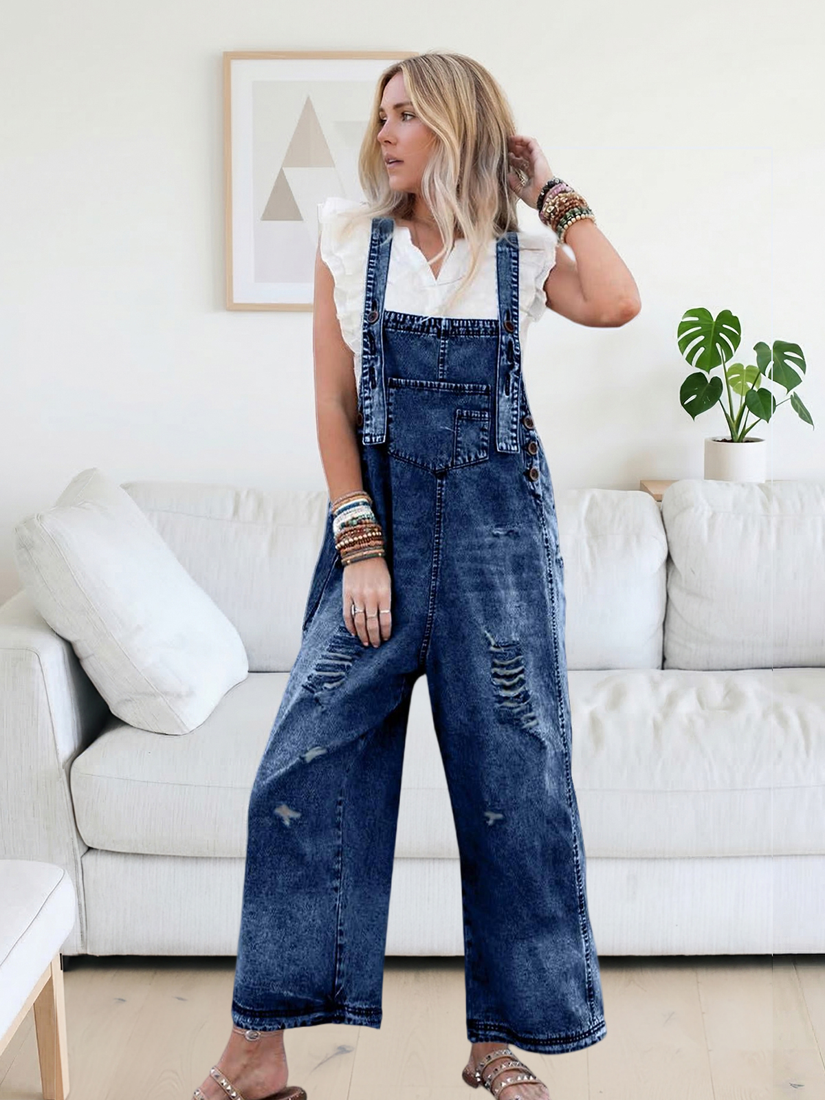 Imily Bela Women's Casual Denim Overalls Loose Adjustable Strap Distressed Bib Jeans Overall Jumpsuits with Pocket
