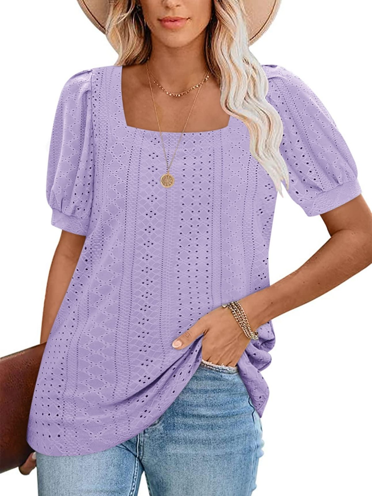 Imily Bela Womens Summer Tops Square Neck Short Sleeve Tunic Tops Fit Style Eyelet T-Shirts