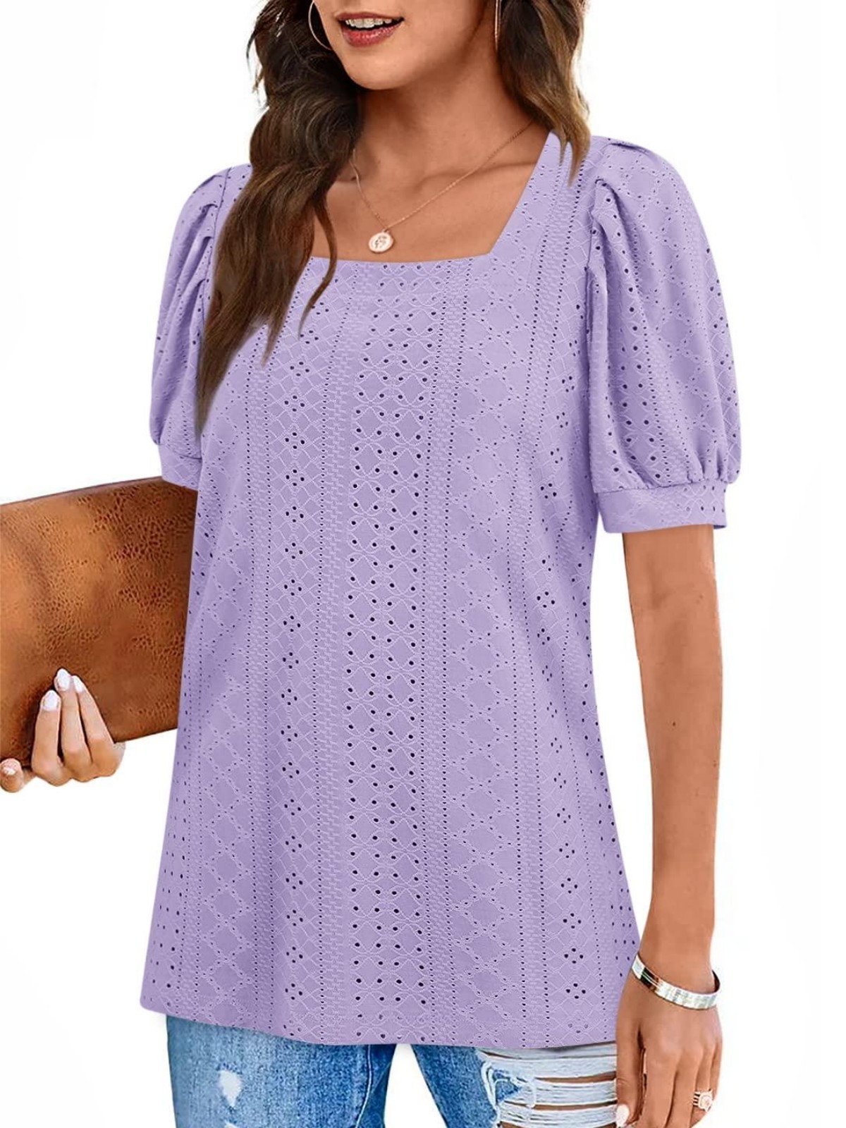 Imily Bela Womens Summer Tops Square Neck Short Sleeve Tunic Tops Fit Style Eyelet T-Shirts