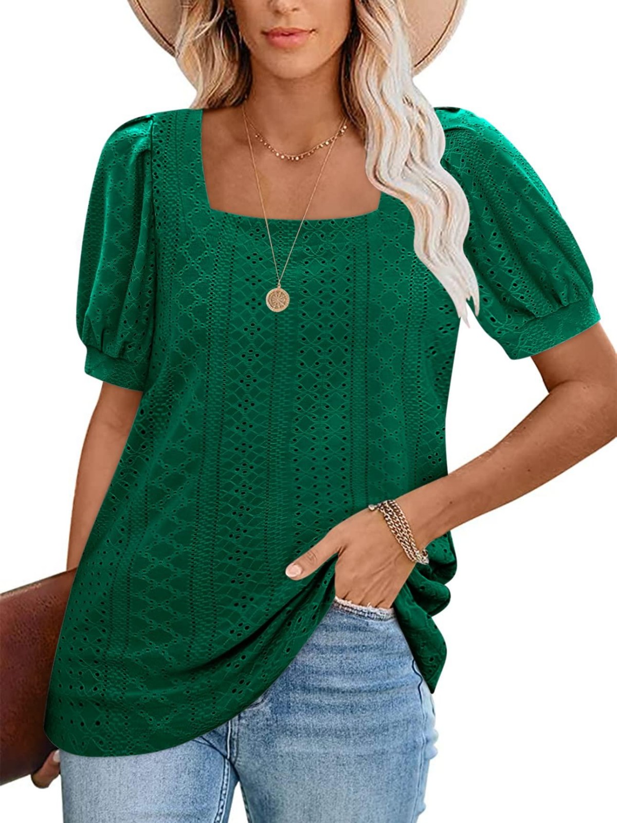 Imily Bela Womens Summer Tops Square Neck Short Sleeve Tunic Tops Fit Style Eyelet T-Shirts