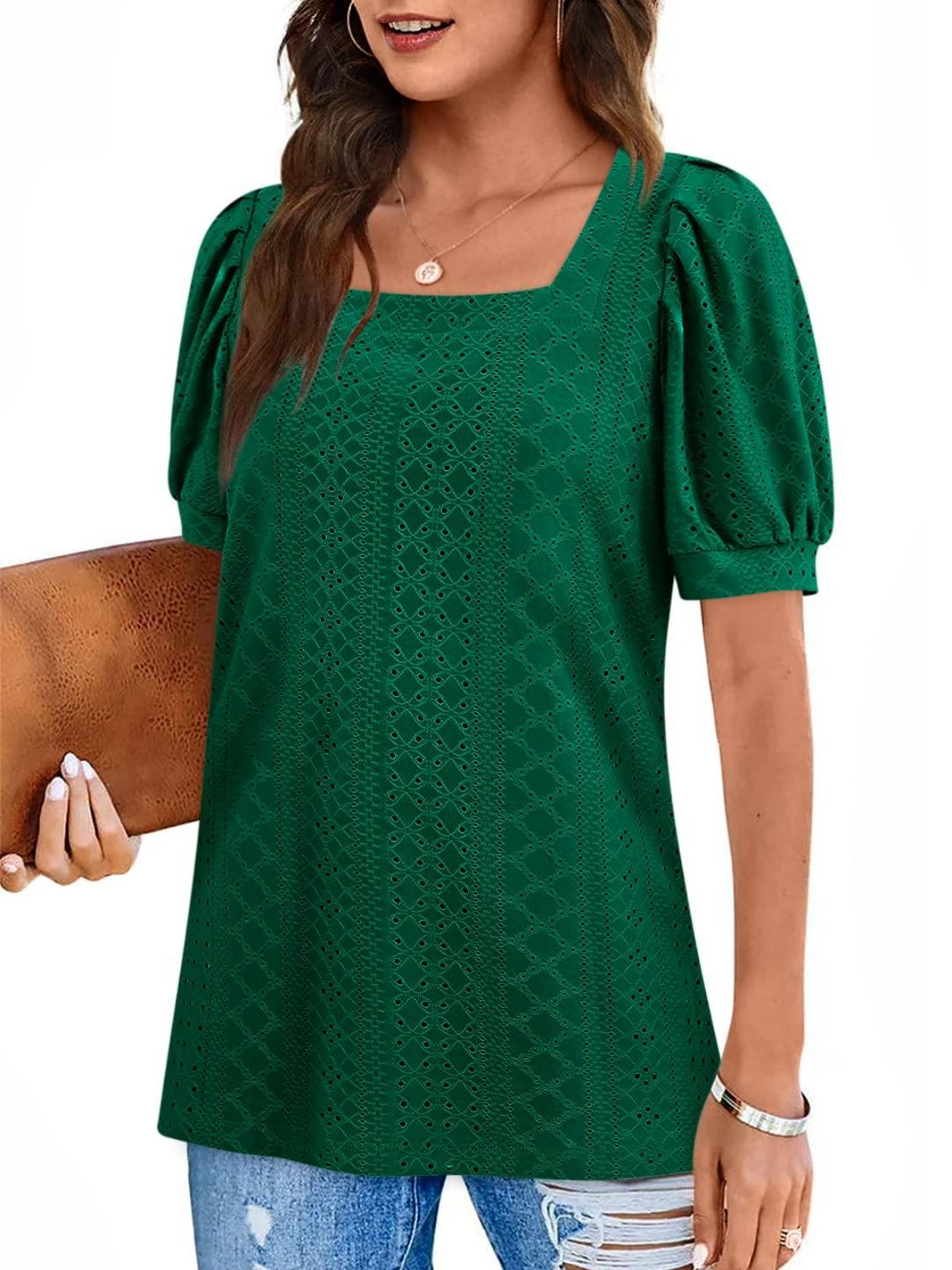 Imily Bela Womens Summer Tops Square Neck Short Sleeve Tunic Tops Fit Style Eyelet T-Shirts