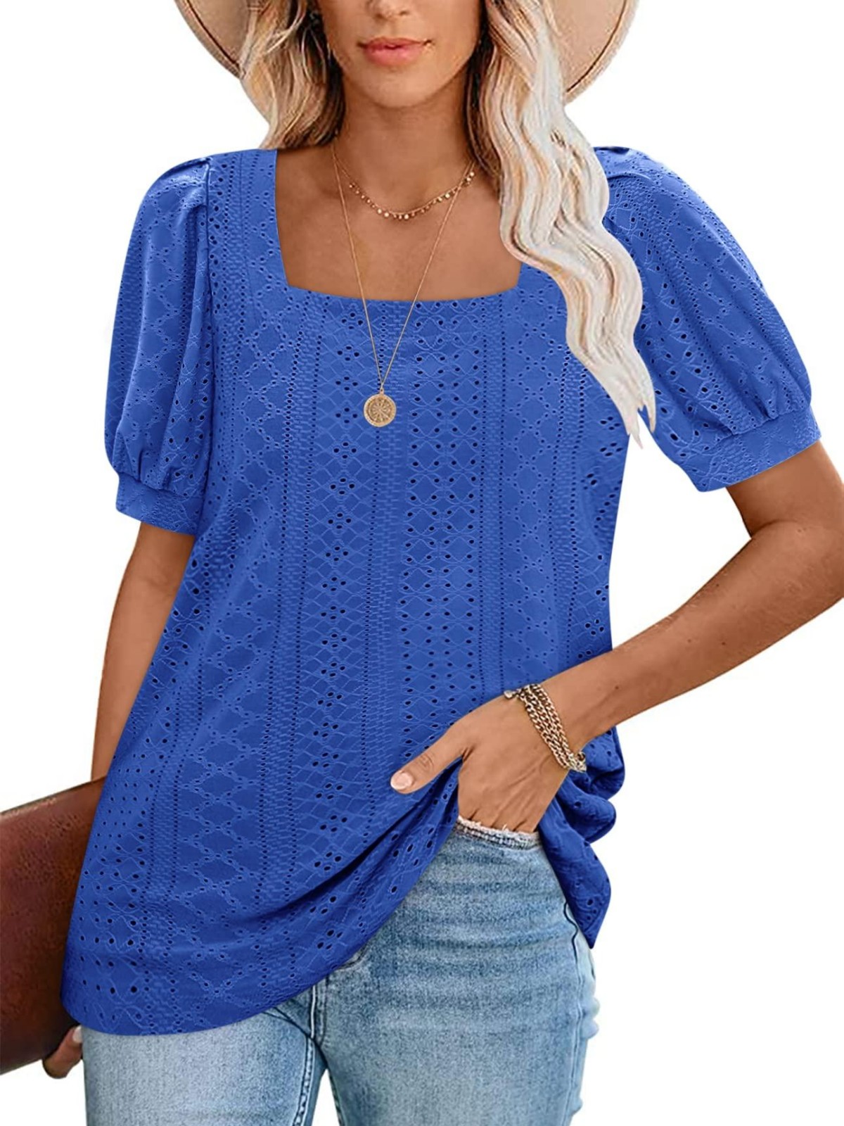 Imily Bela Womens Summer Tops Square Neck Short Sleeve Tunic Tops Fit Style Eyelet T-Shirts