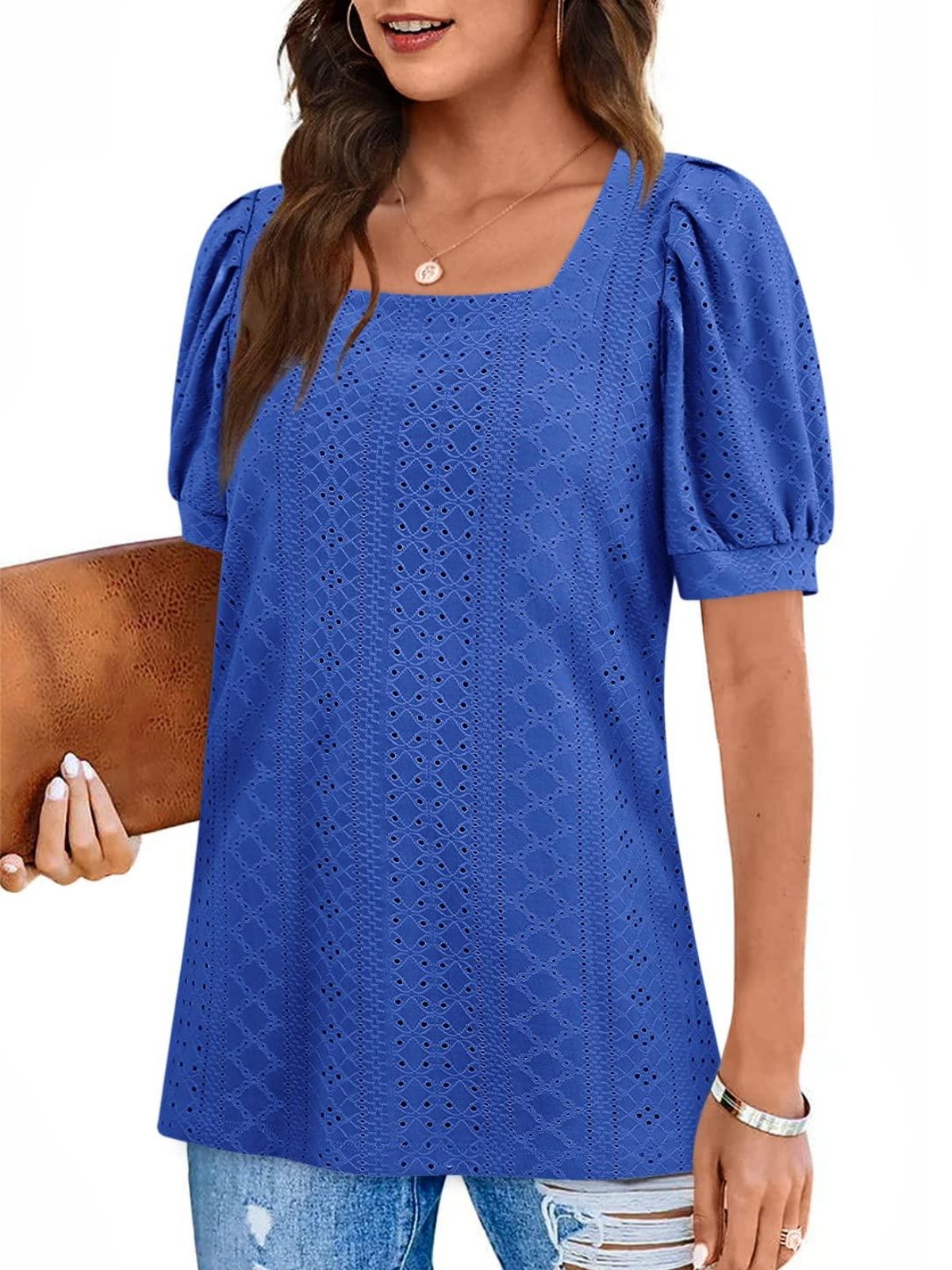 Imily Bela Womens Summer Tops Square Neck Short Sleeve Tunic Tops Fit Style Eyelet T-Shirts