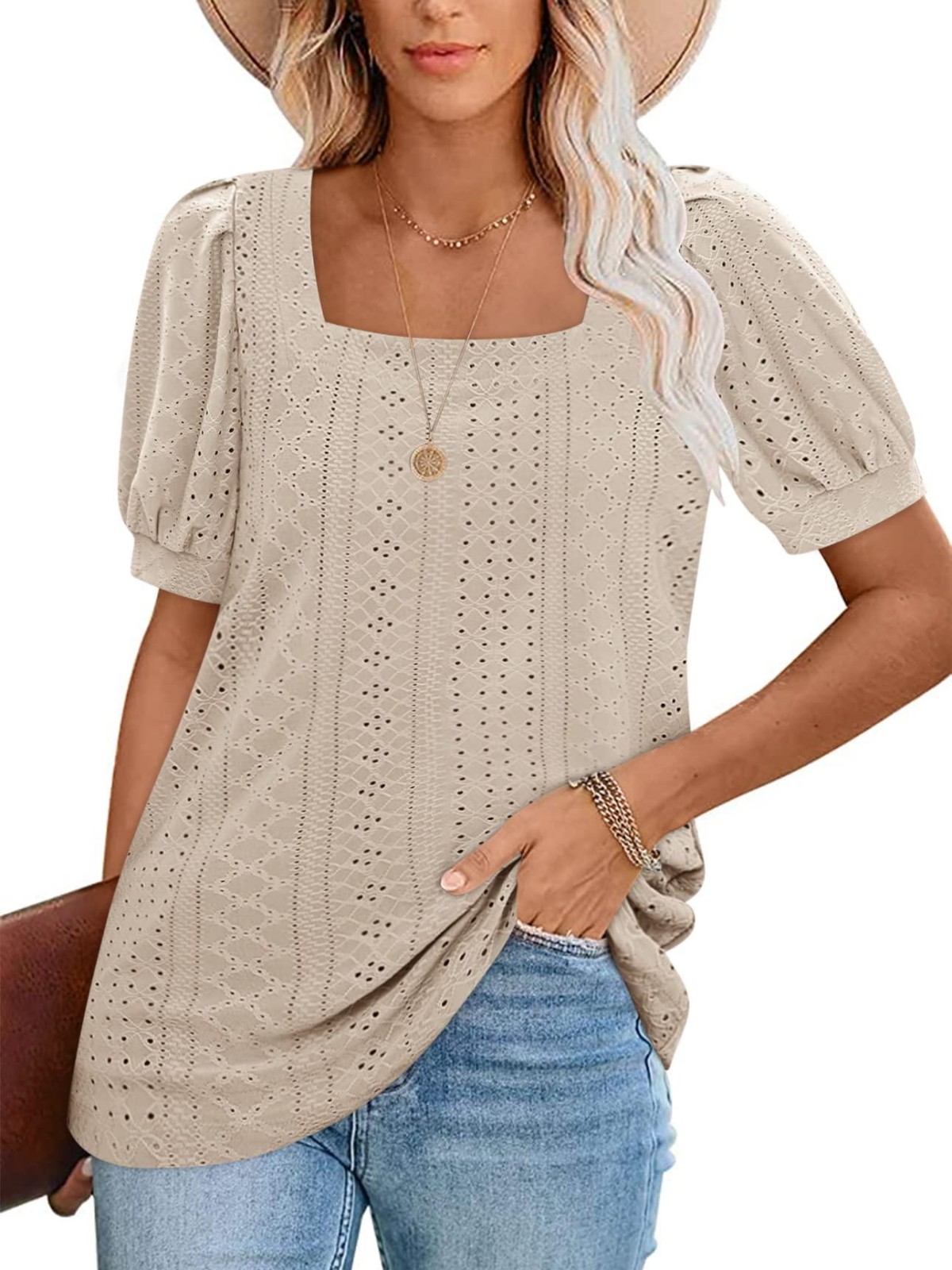 Imily Bela Womens Summer Tops Square Neck Short Sleeve Tunic Tops Fit Style Eyelet T-Shirts