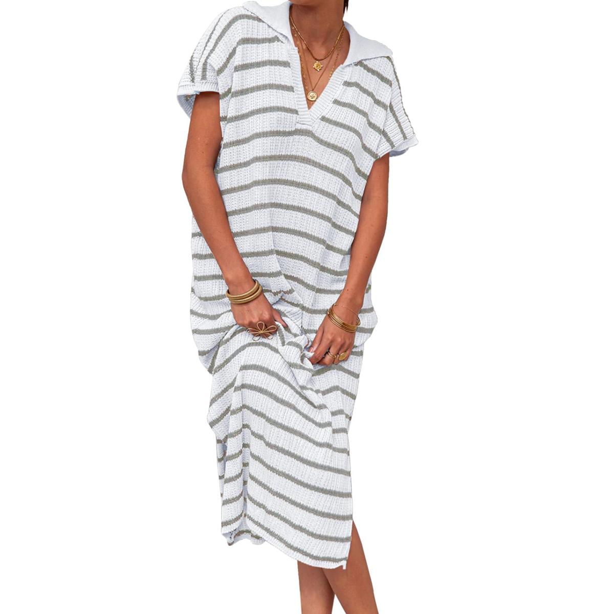 Grey&white Imily Bela Womens Striped Summer Dresses Short Sleeve V Neck Knit Collared Sexy Slit Loose Maxi Sweater Dress