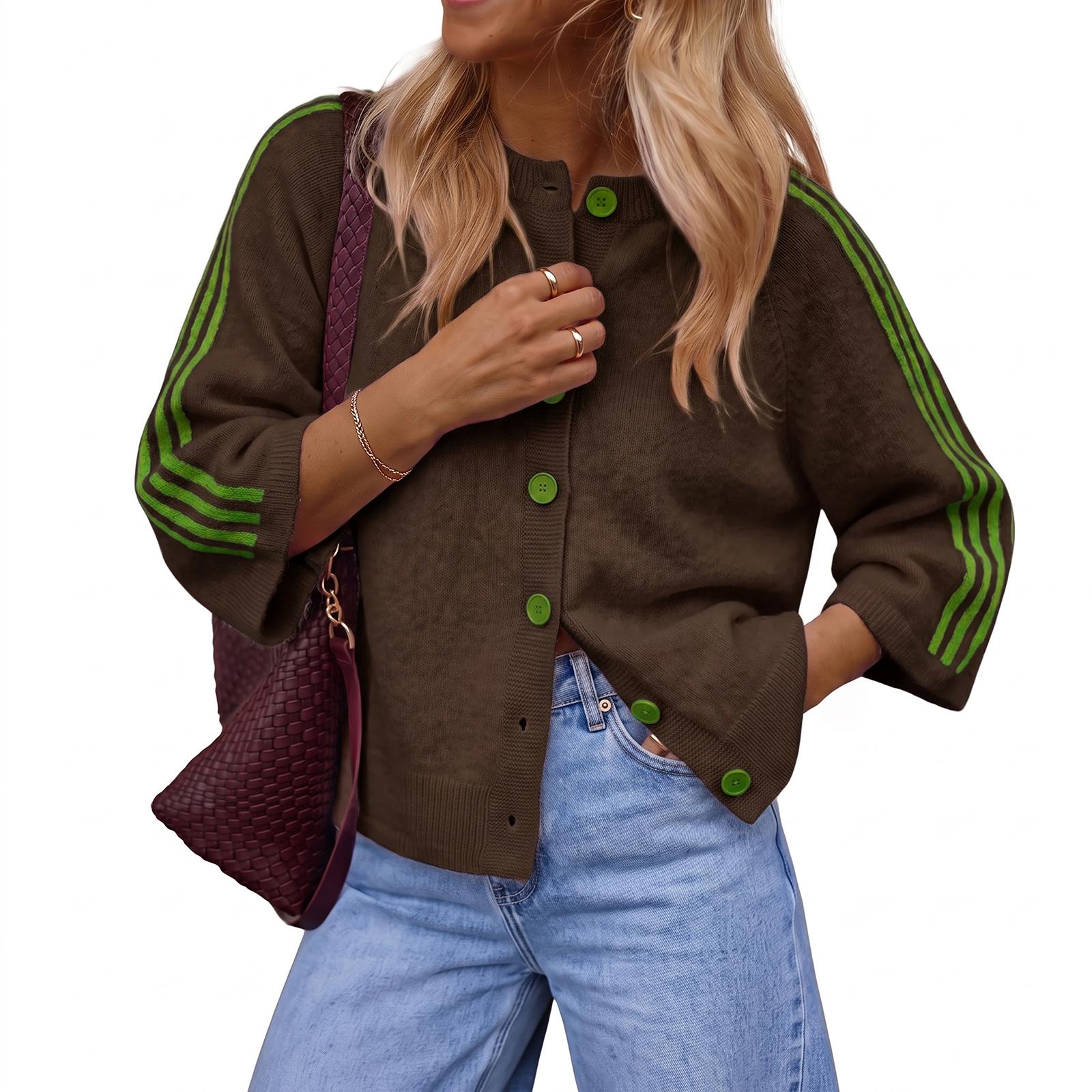Coffee Imily Bela Women Striped 3/4 Sleeve Knit Cardigan Casual Crew Neck Button Down Cropped Sweater Jacket Y2K Fall Outfits Striped Knitted Cardigan Knitting Cardigan
