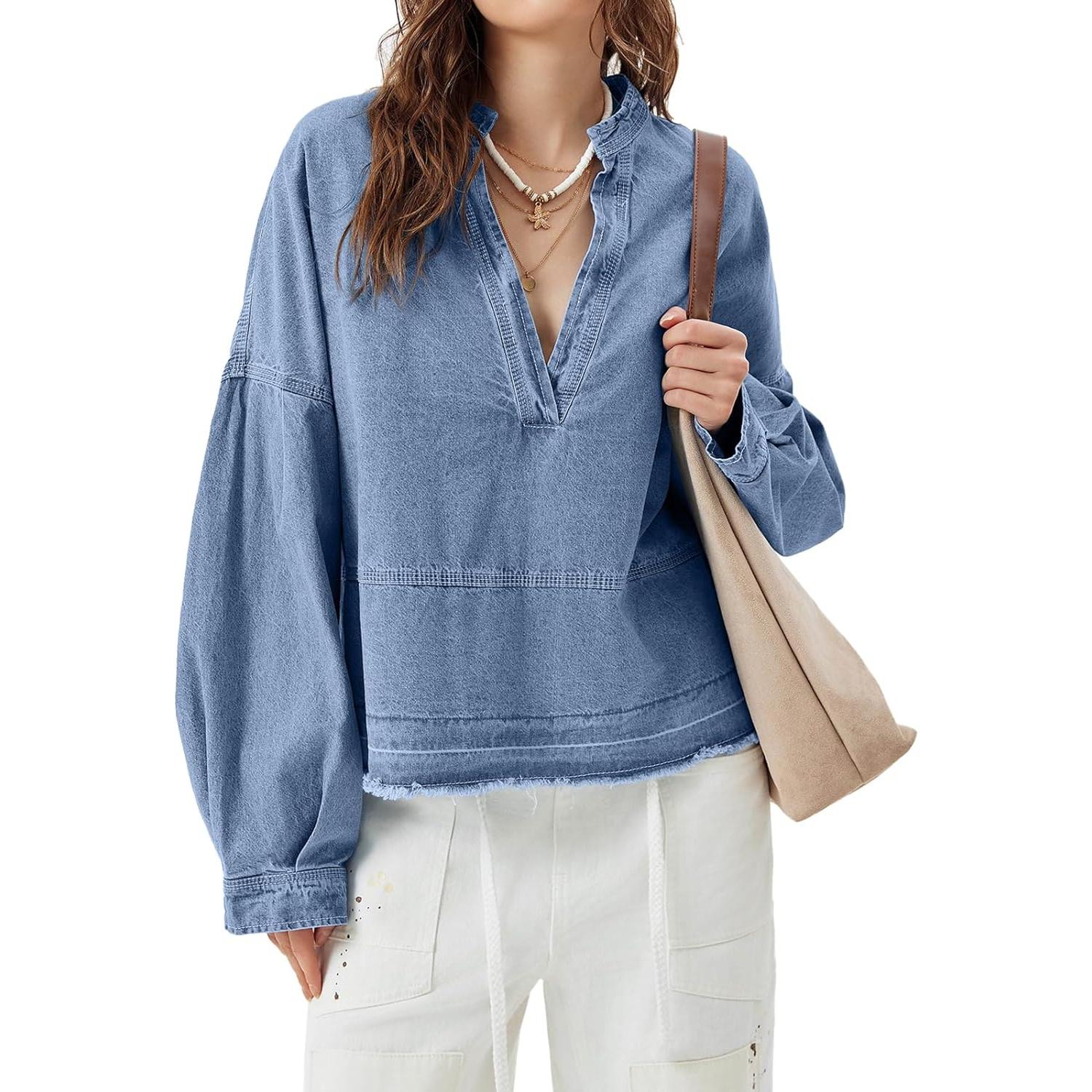 Blue-1 Imily Bela S~2XL Womenswear FallFreshness Denim Pullover Casual Comfort Button V Neck Blouse Loose Fit Tops Longsleeves Jean Jacket With Pocket