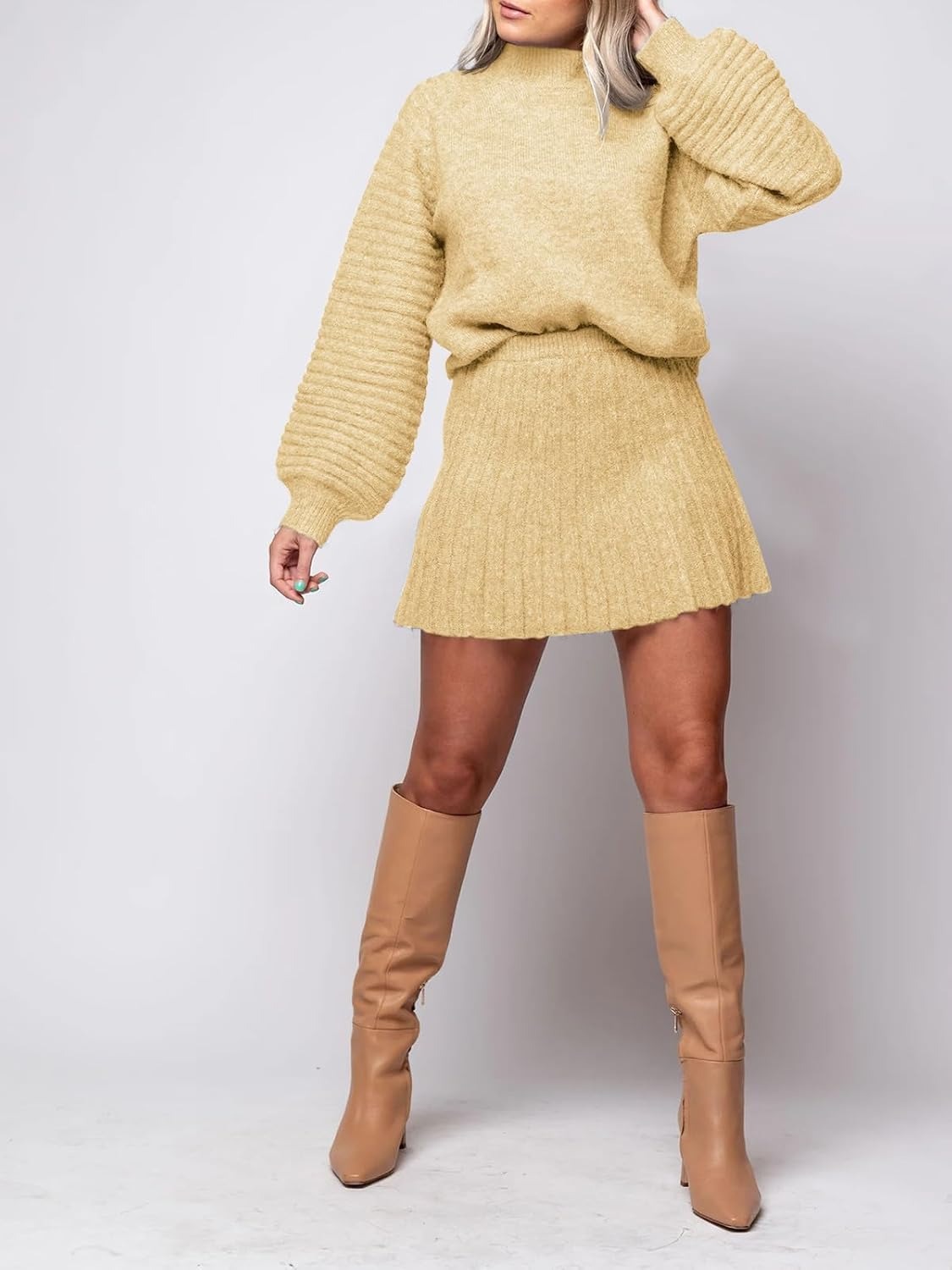 Imily Bela Womens 2 Piece Skirt Sets 2025 Mock Neck Ribbed Sweaters and Mini Skirt Fall Winter Two Piece Outfits