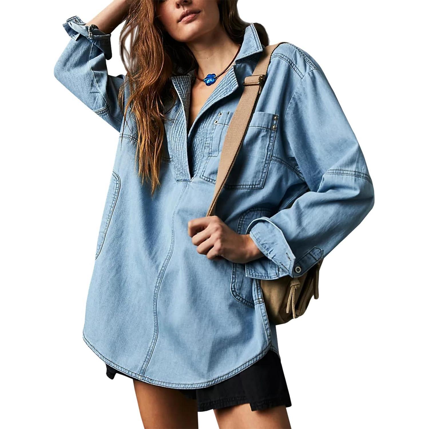 Imily Bela S~2XL Womenswear FallFreshness Denim Pullover Casual Comfort Button V Neck Blouse Loose Fit Tops Longsleeves Jean Jacket With Pocket