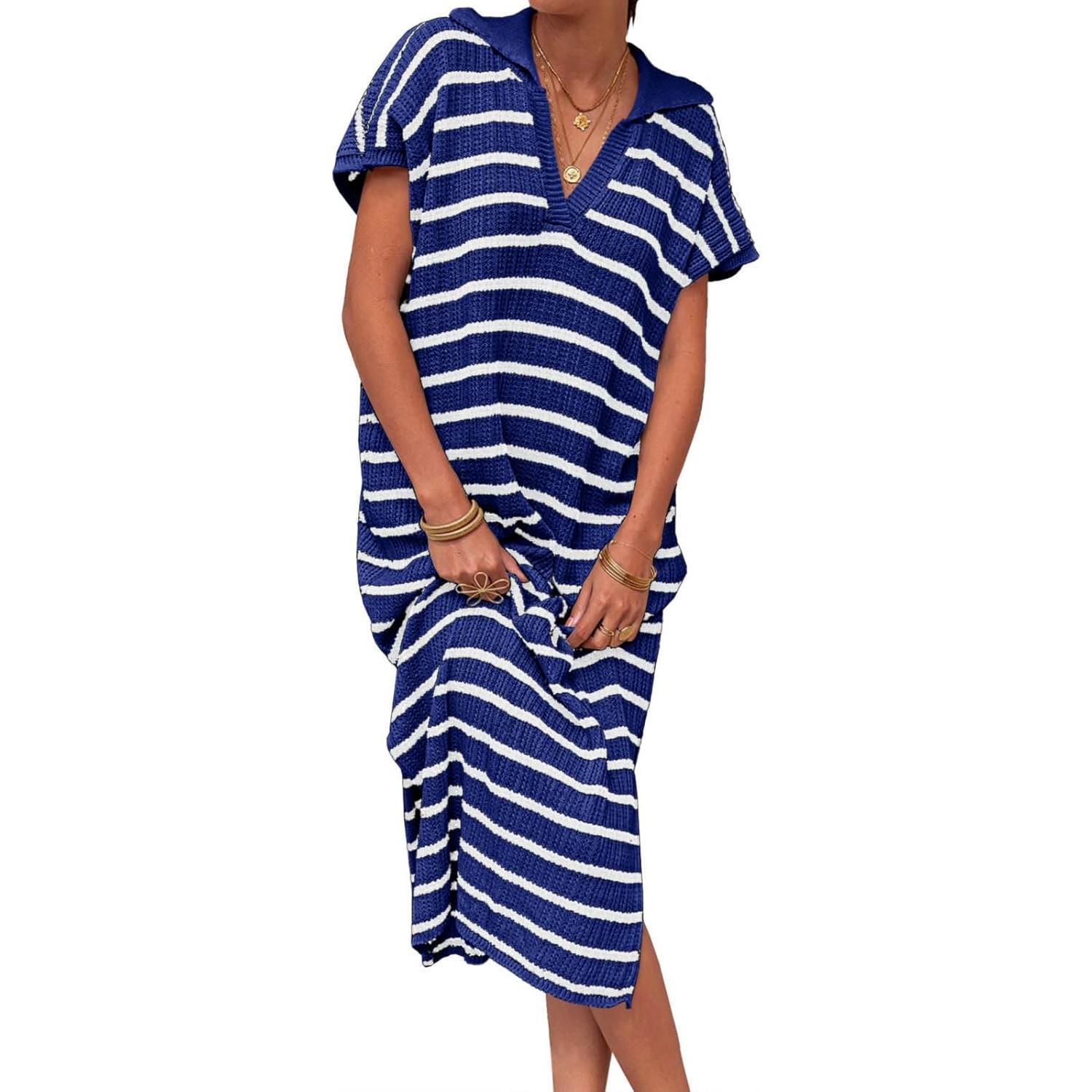 Navy Imily Bela Womens Striped Summer Dresses Short Sleeve V Neck Knit Collared Sexy Slit Loose Maxi Sweater Dress