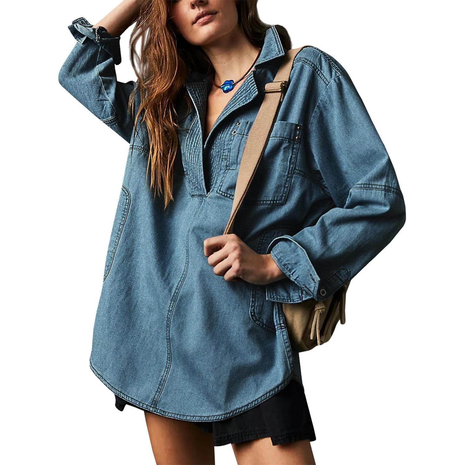 Navy Imily Bela S~2XL Womenswear FallFreshness Denim Pullover Casual Comfort Button V Neck Blouse Loose Fit Tops Longsleeves Jean Jacket With Pocket