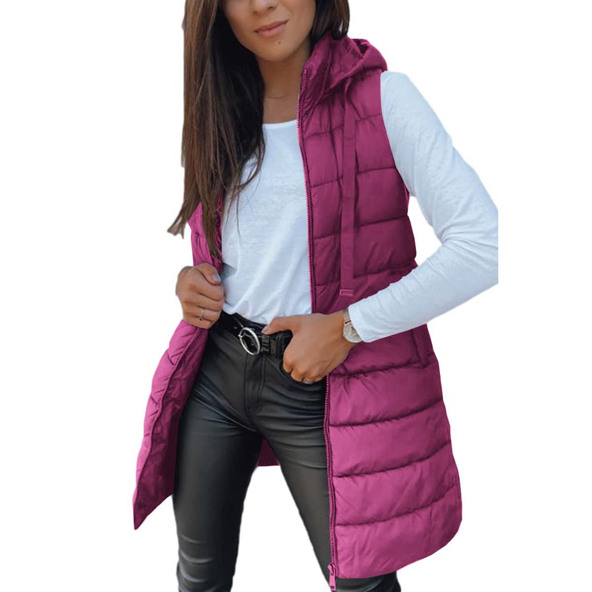 Imily Bela Women Long Vest Solid Color Sleeveless Hood Winter Puffer Vest Outwear