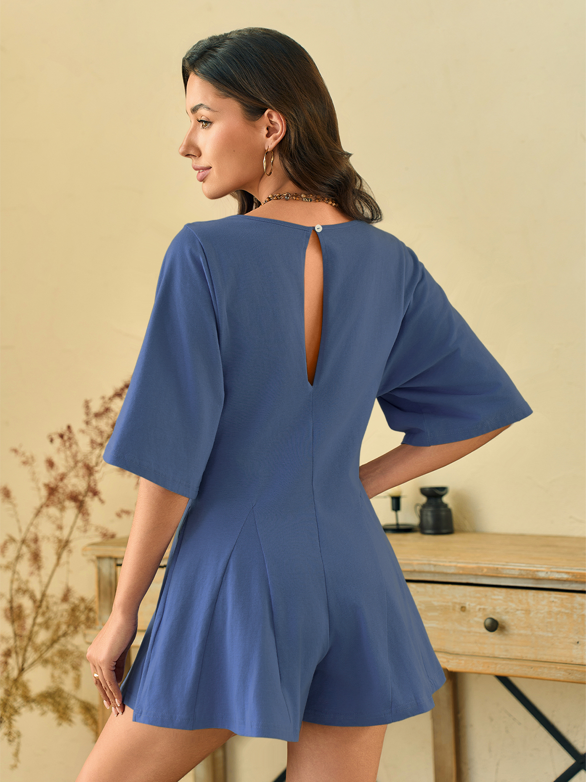 Imily Bela Rompers for Women Summer Outfits Slim Fit Short Sleeve Crew Neck Jumpsuits with Pocket