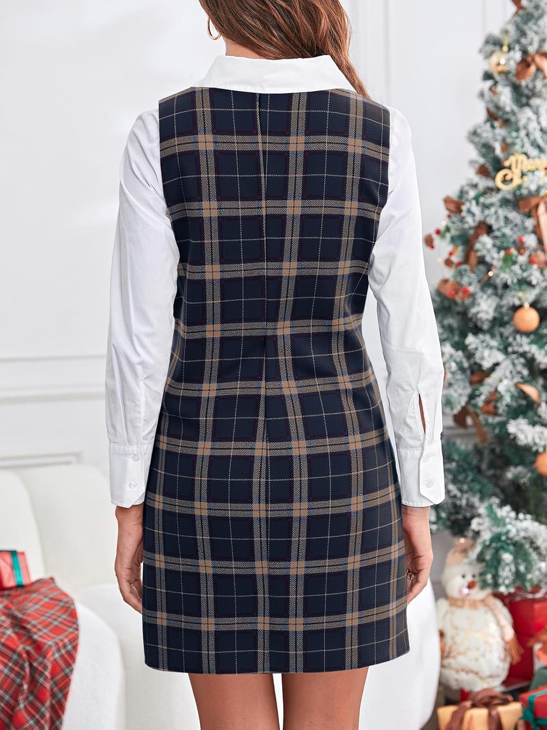 Imily Bela Women's Plaid Christmas Dress Mini Sleeveless Round Neck A Line Short Xmas Party Dresses